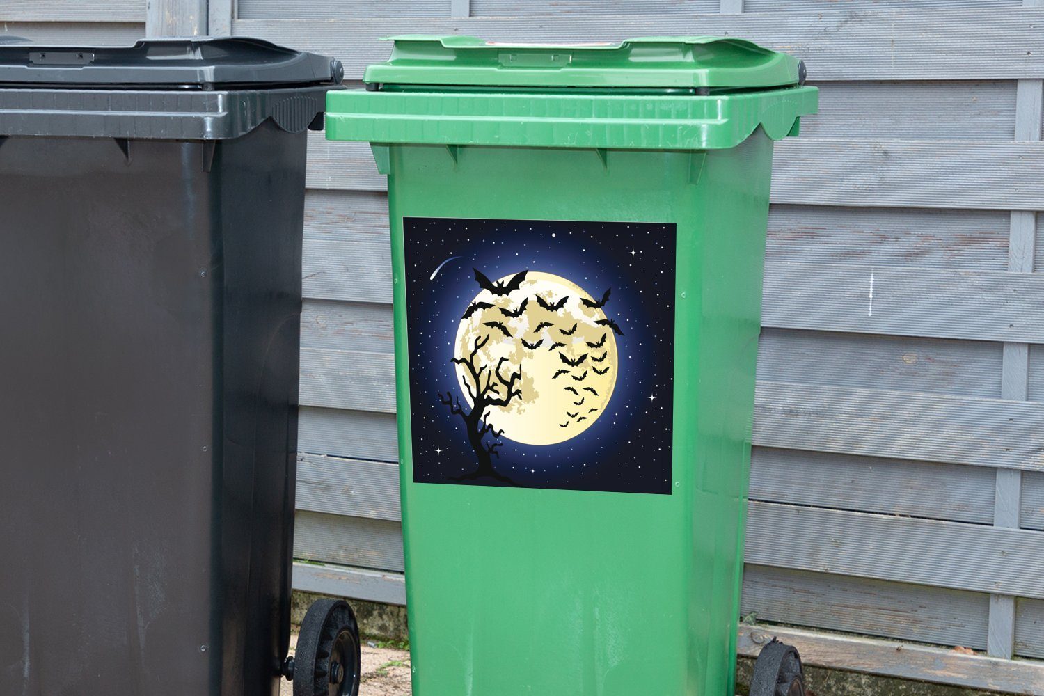 MuchoWow Wandsticker vor Sticker, (1 Illustration St), Mülleimer-aufkleber, von Container, Vollmond Abfalbehälter einem Fledermäusen Mülltonne