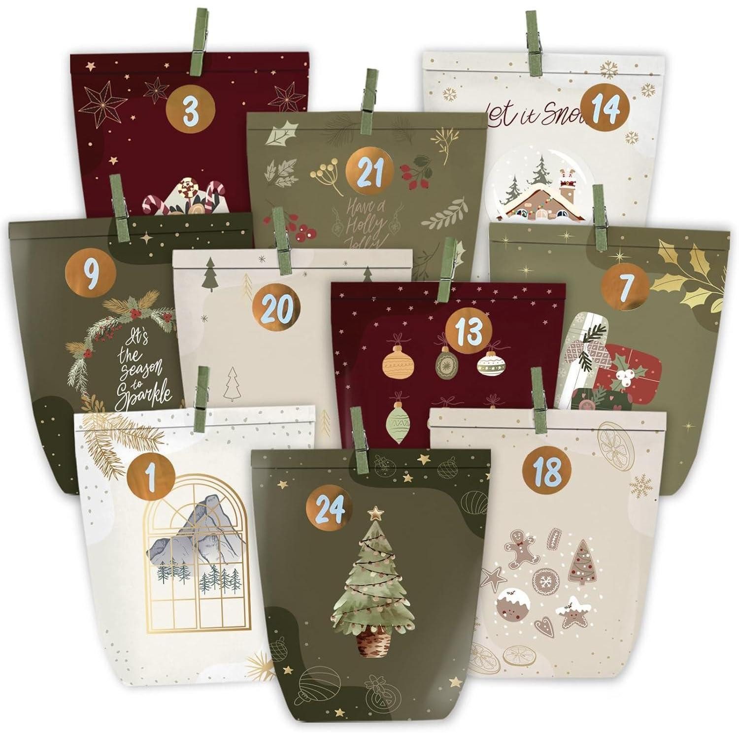 LuxusKollektion DIY-Adventskalender Adventskalender 24 Tüten Zahlen Aufkleber Stilvollen Grün Rot Beige