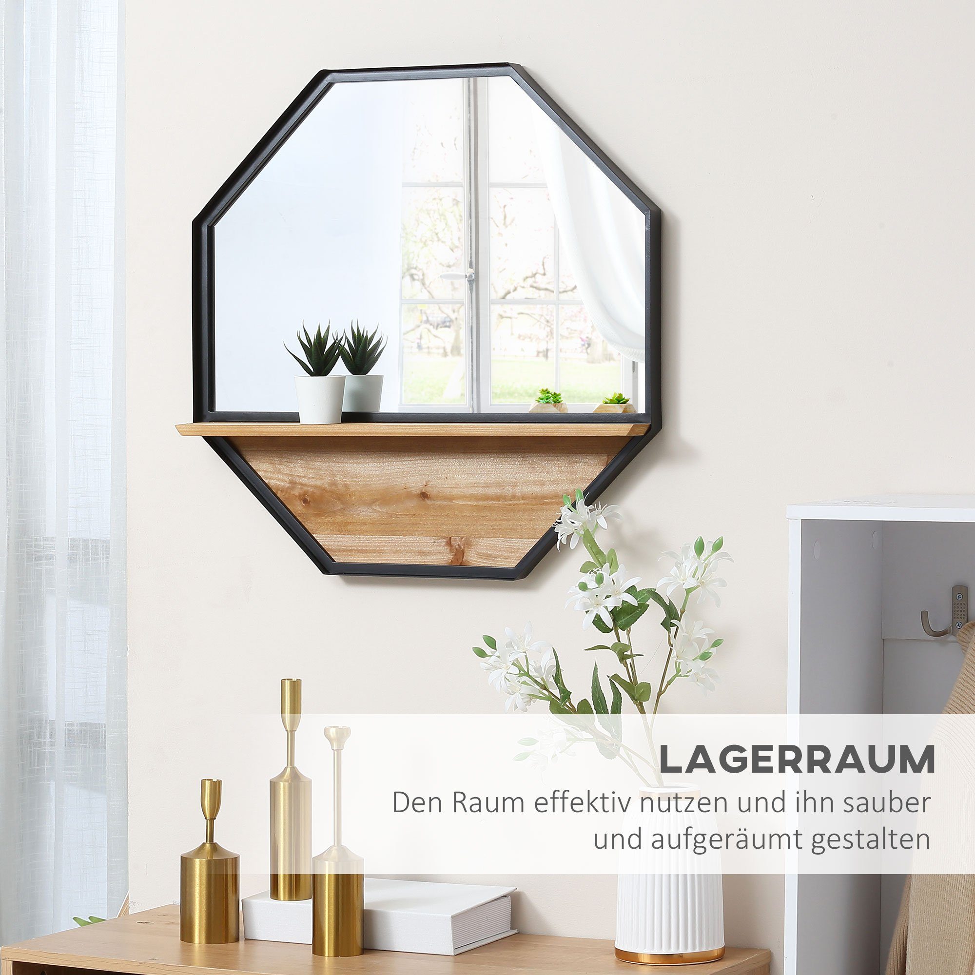 HOMCOM Wandspiegel im Industrie-Design, Schwarz (Set, 1-St., Tannenholz Wandspiegel), Ablage +Natur Metall 1 x Mit