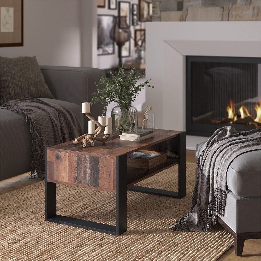 Vicco Couchtisch Olli, Antikholz/Schwarz, 92 x 52,4 cm mit Ablage