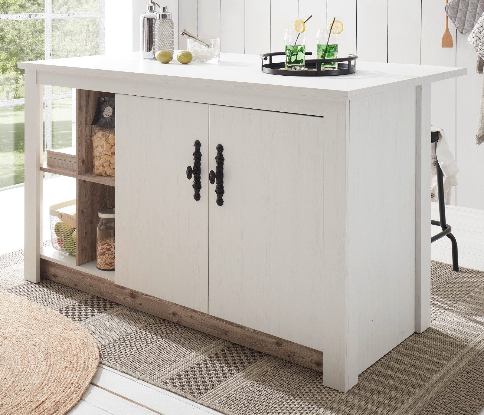 Furn.Design Barschrank Rovola (Küchentheke in Pinie weiß Landhaus, 161 x 90 cm, Höhe 92 cm) mit Soft-Close-Funktion