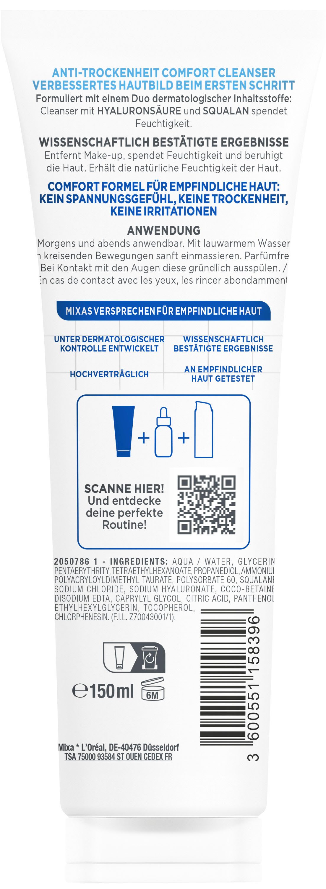 Mixa Gesichts-Reinigungsfluid Mixa Anti-Trockenheit Comfort Cleanser, sanfte Reinigung, mit Hyaluronsäure, entfernt Make-Up schonend