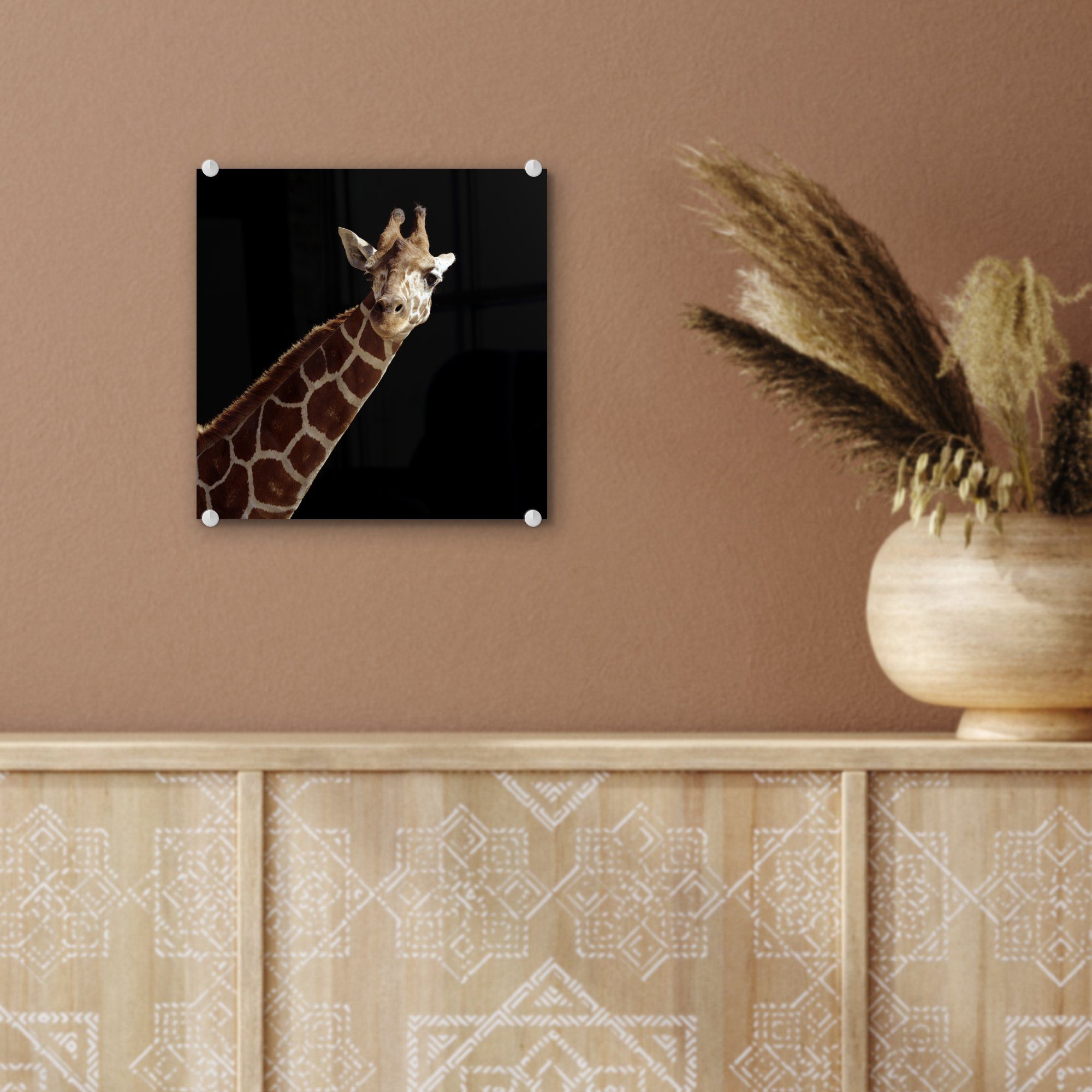 Bilder Hintergrund, (1 auf Acrylglasbild schwarzen - Giraffe für - Wandbild - Wanddekoration Foto MuchoWow Glas auf Porträt Glasbilder Glas St),