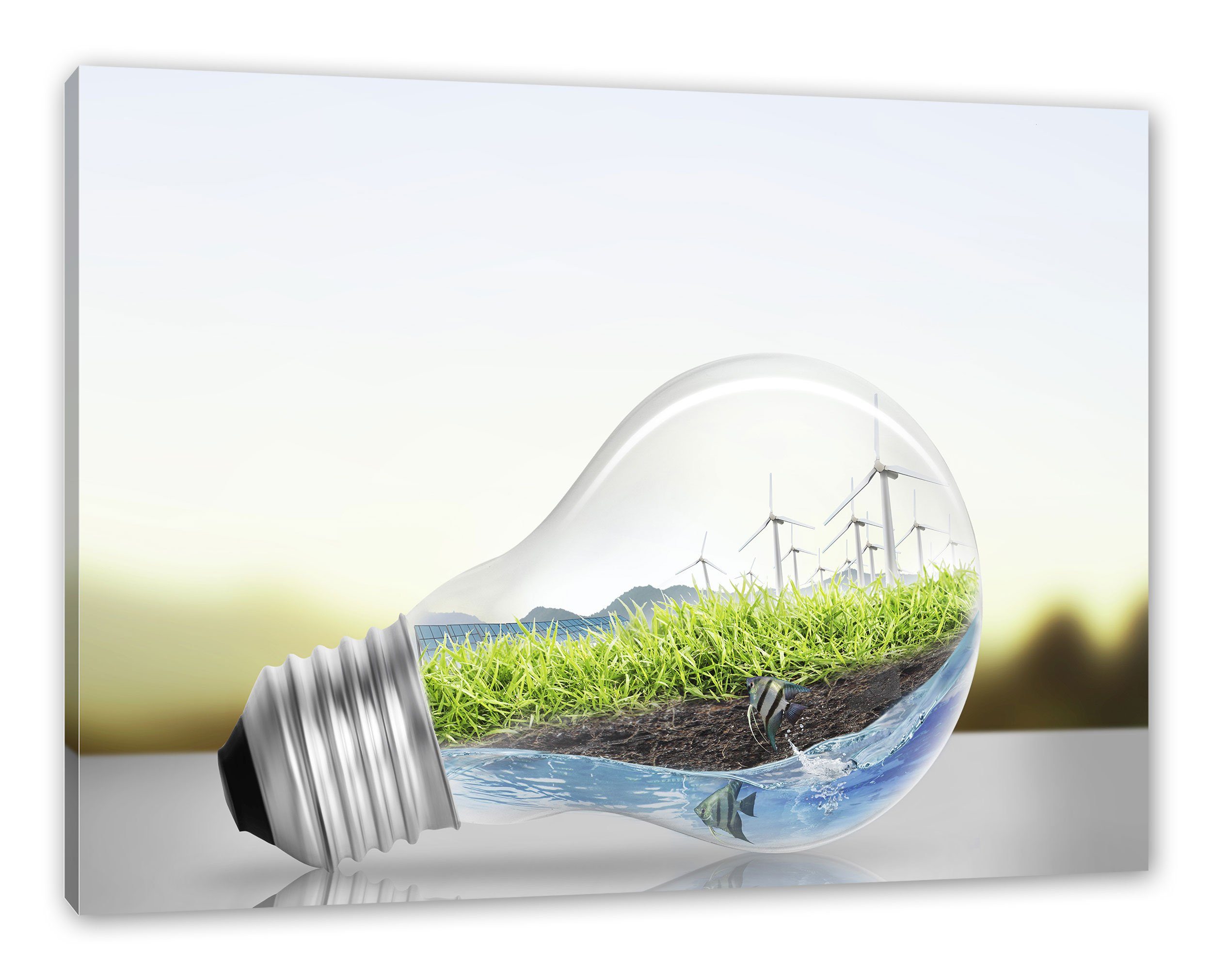 Pixxprint Leinwandbild Glühbirne Erneuerbare Energien, Glühbirne Erneuerbare Energien (1 St), Leinwandbild fertig bespannt, inkl. Zackenaufhänger