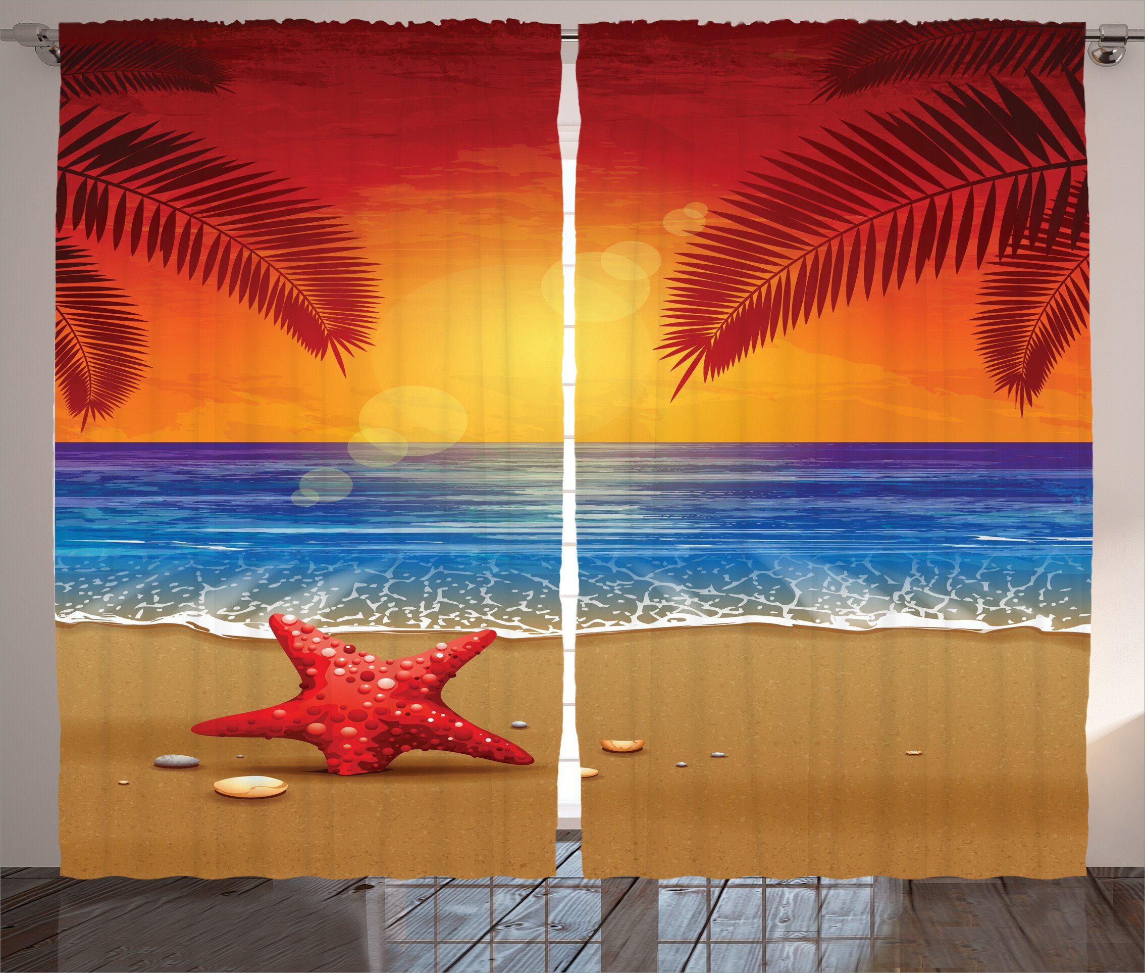 Gardine Schlafzimmer Kräuselband Vorhang mit Schlaufen und Haken, Abakuhaus, Sommer Cartoon Ocean Beach Palm