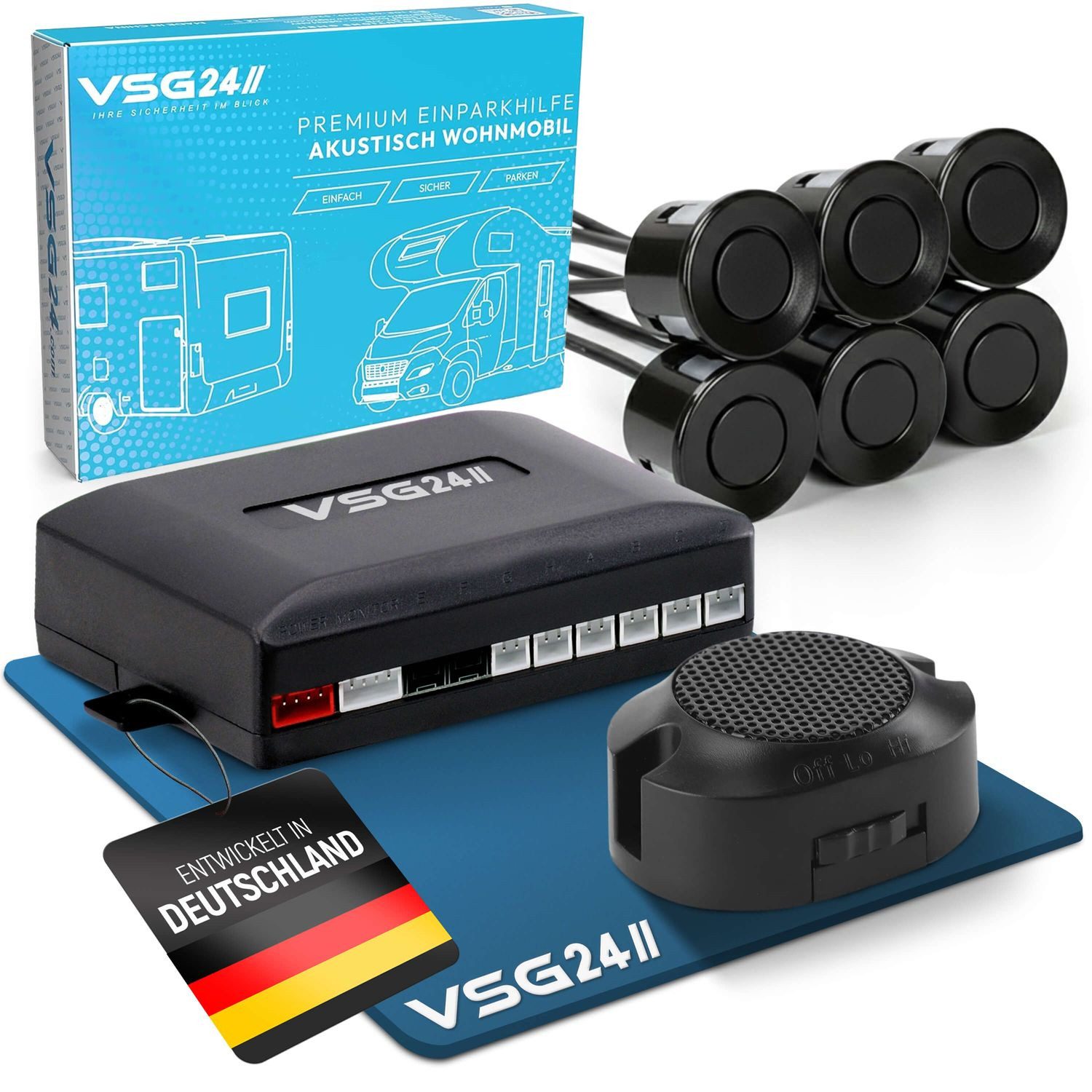 VSG24 Premium Einparkhilfe ECHO PLUS WOHNMOBIL Parkhilfe zum nachrüsten PDC Rückfahrkamera (Rückfahrwarner mit Lautsprecher & 6 Sensoren Stecksystem Nachrüstsatz)