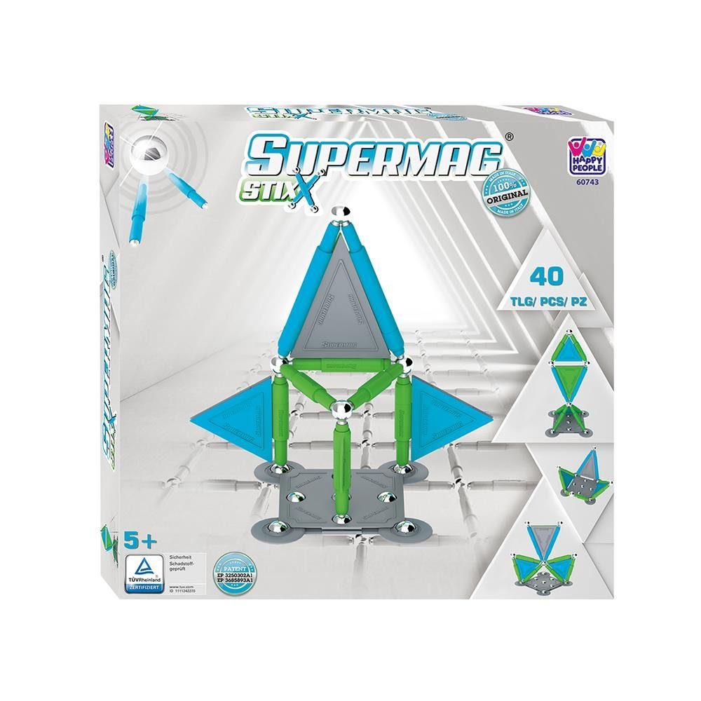 Happy People 60743 Supermag Stix Magnetspielbausteine, 40 Teile Magnetisches Konstruktionsspielzeug Magnetspiel Magnetische Bausteine