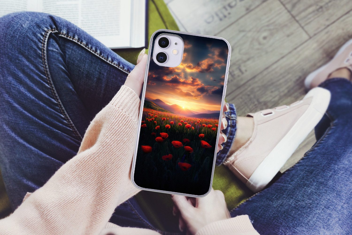 MuchoWow Handyhülle für Apple iPhone 11 Landschaft - Sonnenuntergang - Blumenfeld, Smartphone-Bumper, Print, Handy Schutzhülle Dünn