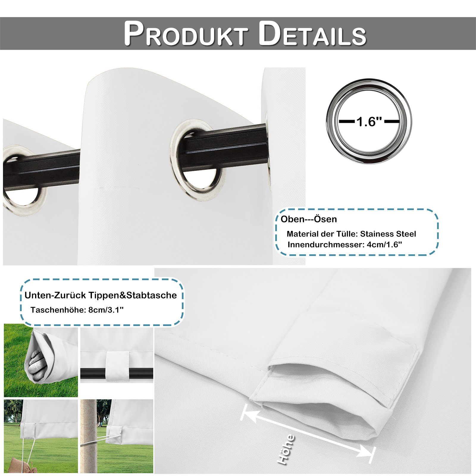 BTTO V&G Outdoorgardine Winddicht Balkon Gardinen,Outdoor Vorhang Wetterfest (2 St), verdunkelnd, Unten gewichtete Konstruktion – Bild 4 von 5