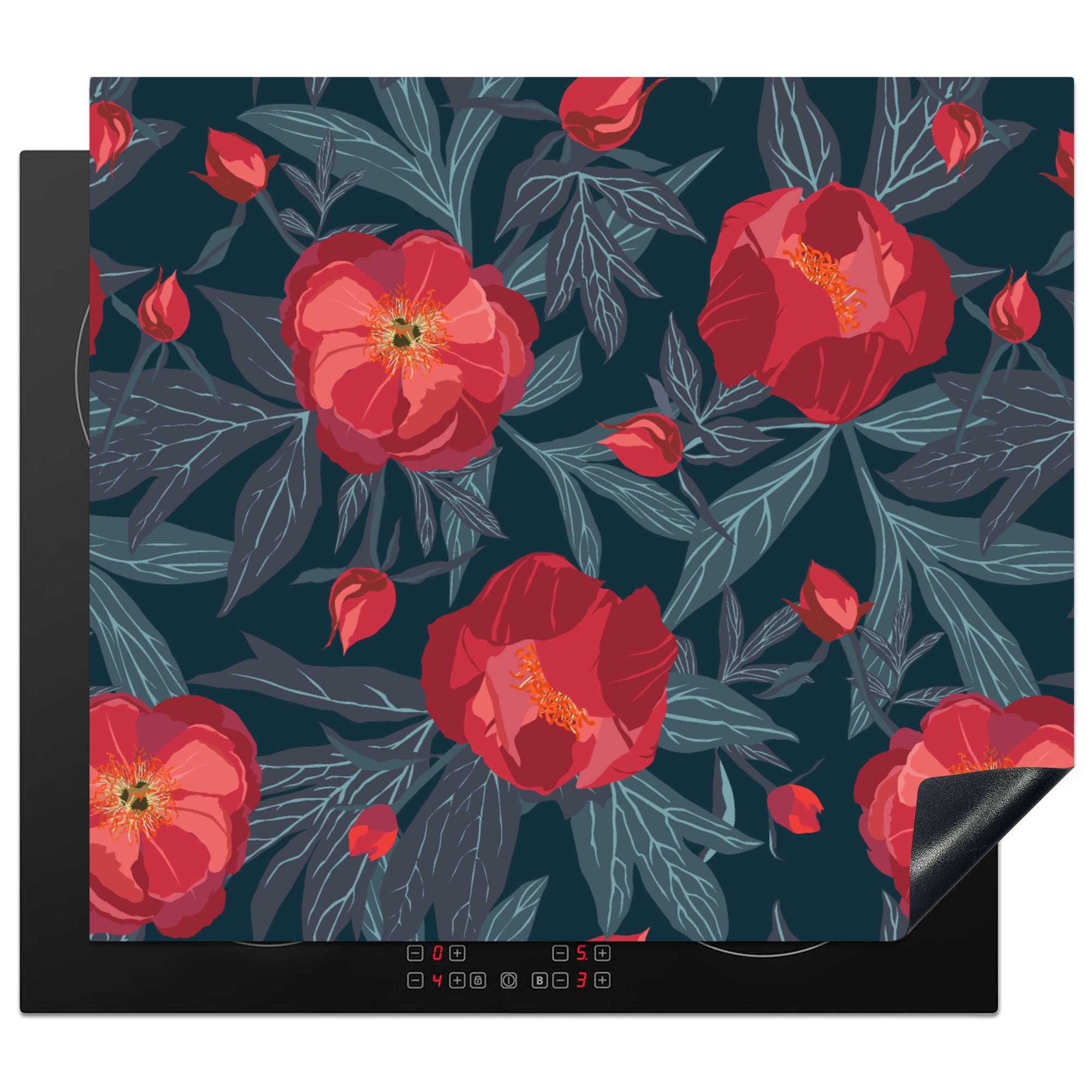 MuchoWow Herdblende-/Abdeckplatte Blumen - Rot - Blätter - Muster, Vinyl, (1 tlg), 59x52 cm, Ceranfeldabdeckung für die küche, Induktionsmatte