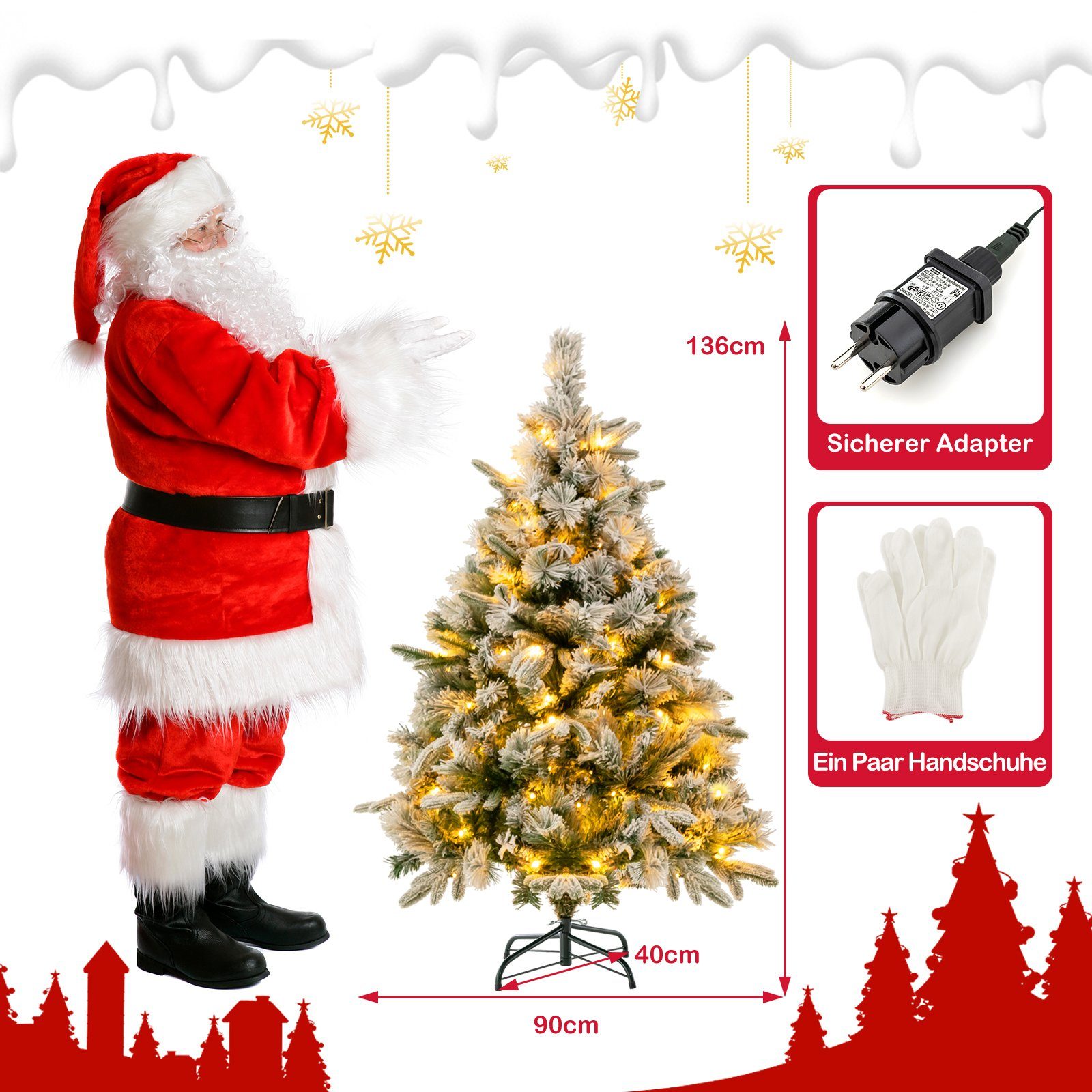 COSTWAY Künstlicher Weihnachtsbaum, mit Schnee, LEDs & 384 Zweigspitzen 136cm