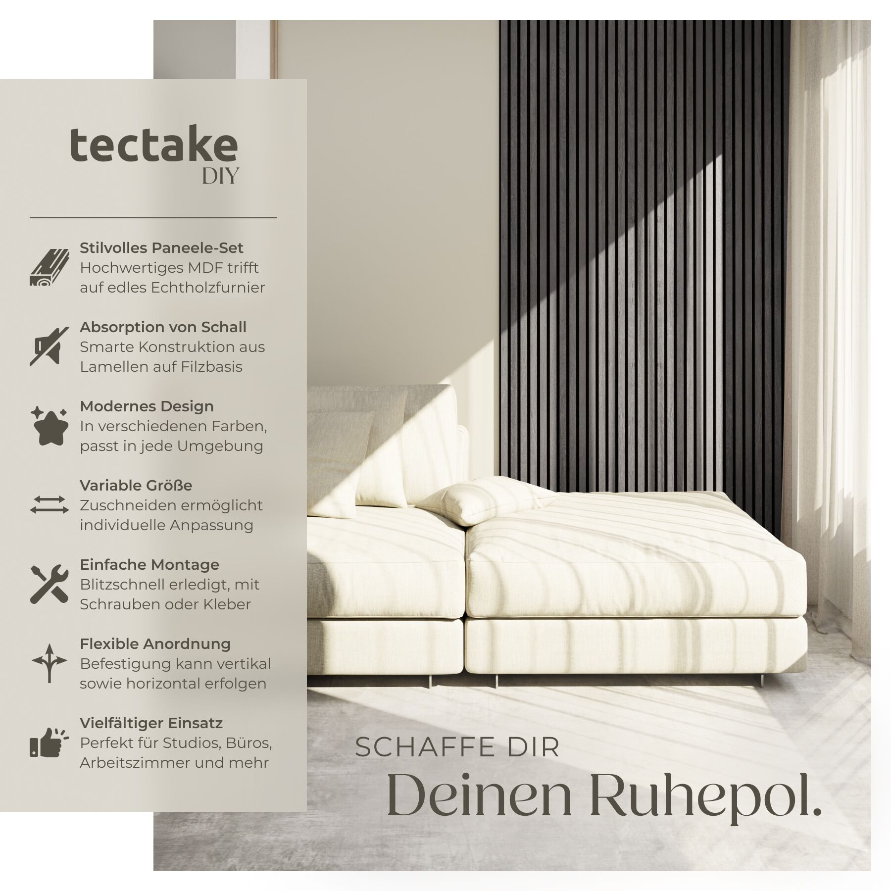 tectake Wandpaneel 3D Akustikplatte 110x50 cm Echtholzfurnier schallabsorbierend Filz, BxL: 50x110 cm, (Akustikpaneele Wand Sonic Wall IV, 8-tlg., in Eiche schw – Bild 2 von 5