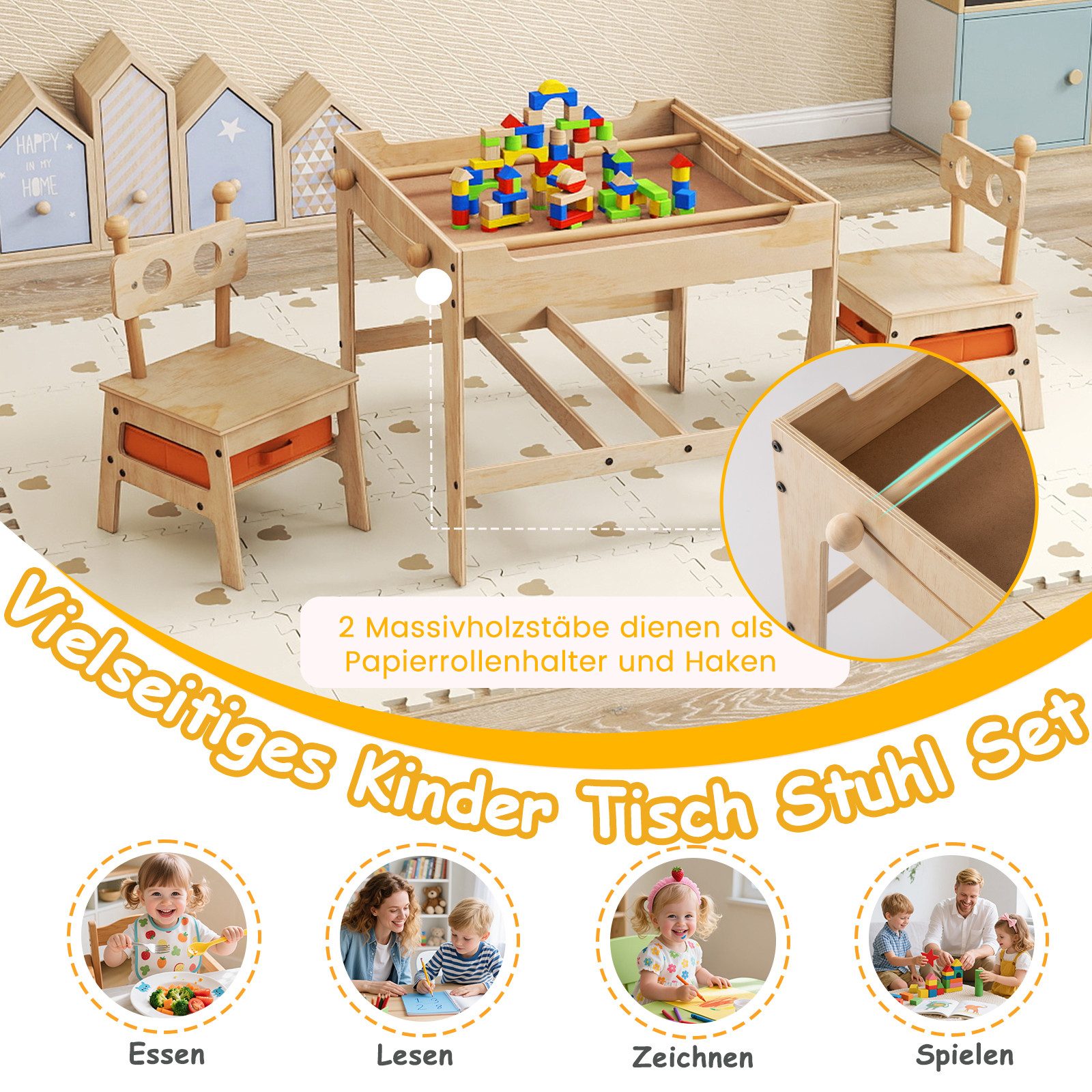 COSTWAY Children's Seating Set, Children's Table with 2 Chairs, 4-in-1 Activity Table