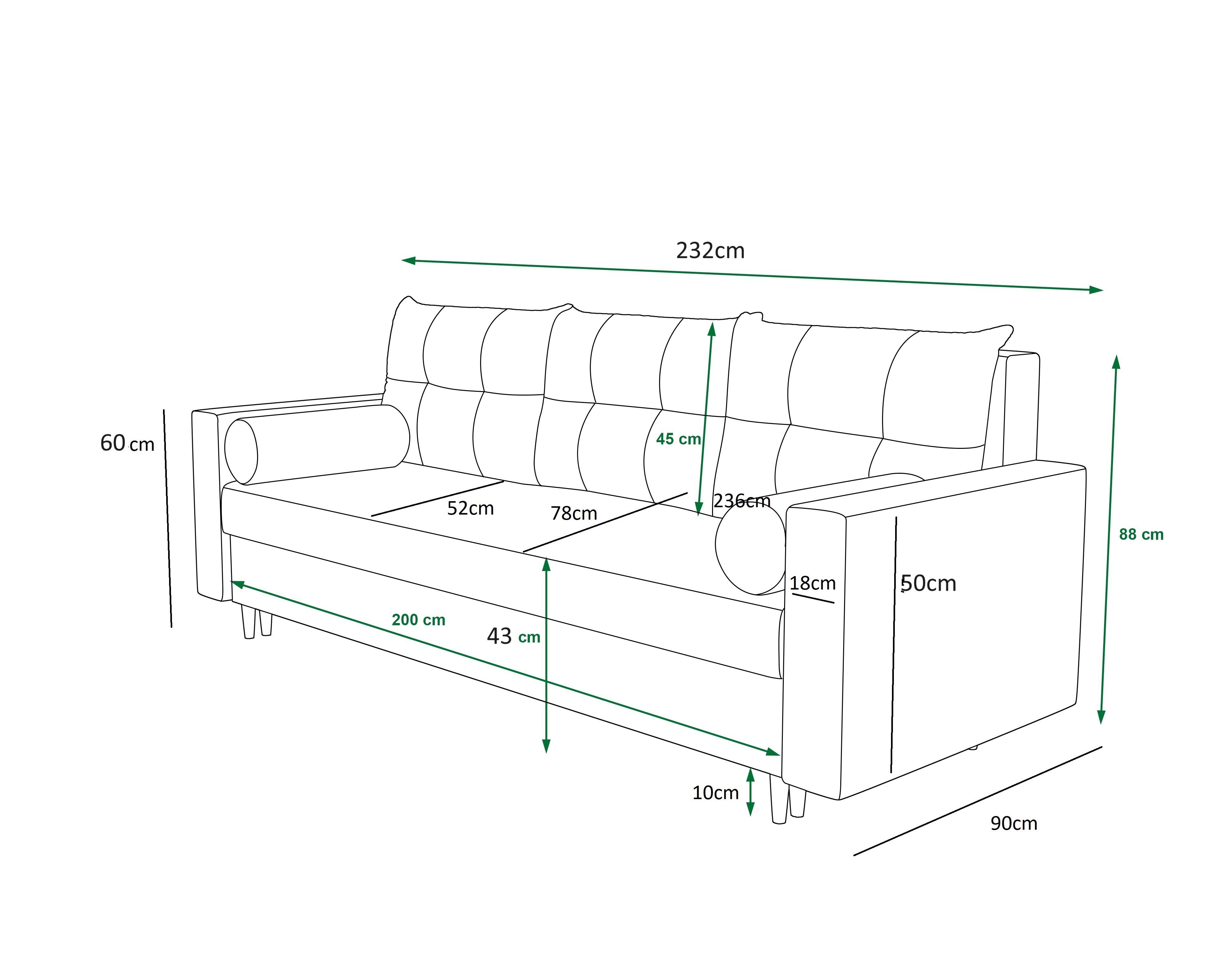 Schlaffunktion pressiode mit Schlafsofa, SKANDI und Sofa Dunkelgrün 232cm Bettkasten COUCH