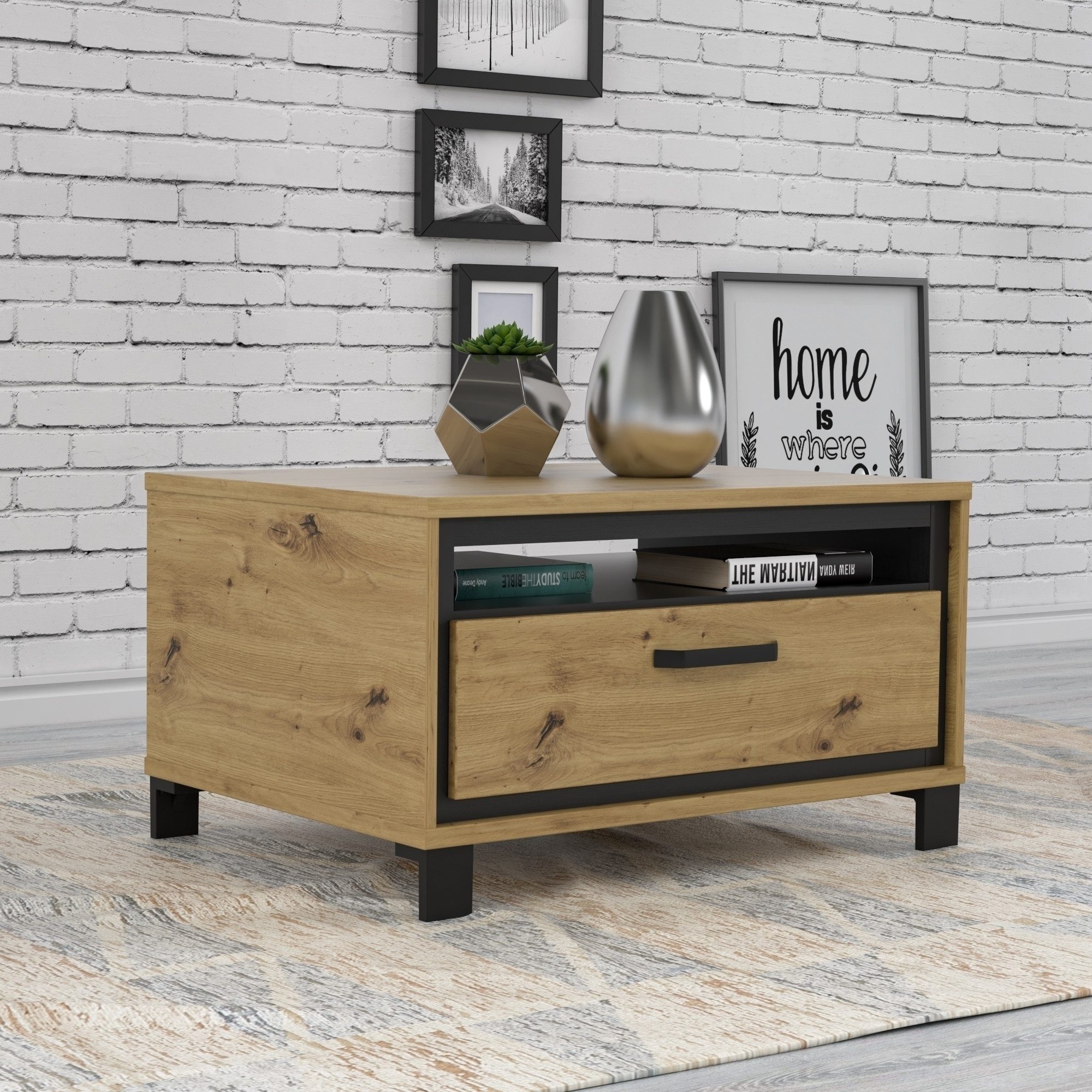 FORTE Couchtisch in Artisan Eiche / Schwarz Eiche - 80x44,8x60cm (BxHxT) günstig online kaufen