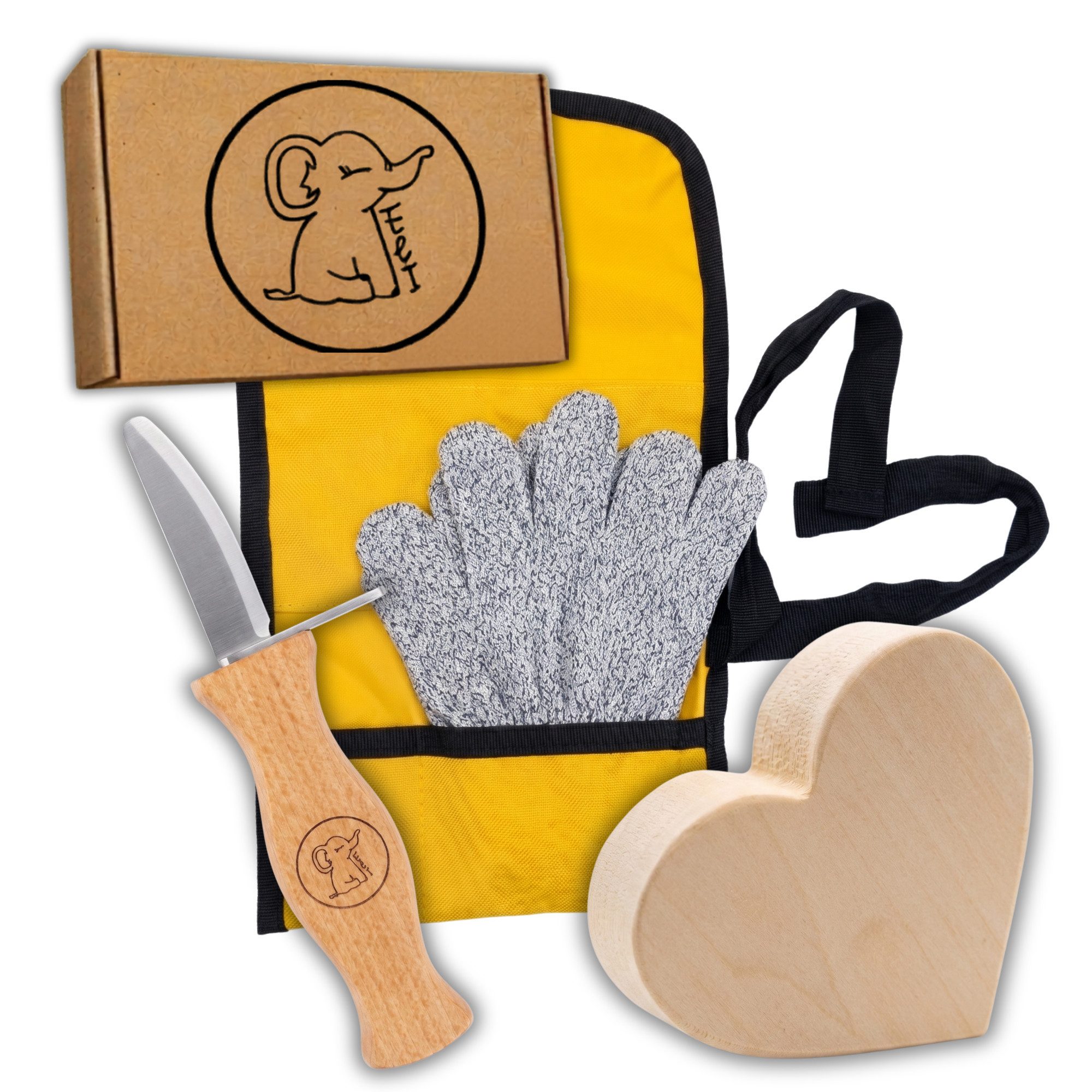 Eli Taschenmesser Schnitzmesser Kinder - inkl. Schnitzholz und Handschuhe, (Beidhändig - rostfreier Stahl - Griff aus Buchenholz, Kinderschnitzmesser - Schnitzwerkzeug - Outdoor Messer), Kindermesser - Schnitzset - Kindertaschenmesser