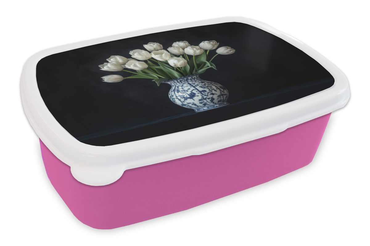 MuchoWow Lunchbox Weiß - Blumen - Tulpen - Vase, Kunststoff, (2-tlg), Brotdosen, Lunch Box, Brotbox für Kinder und Erwachsene
