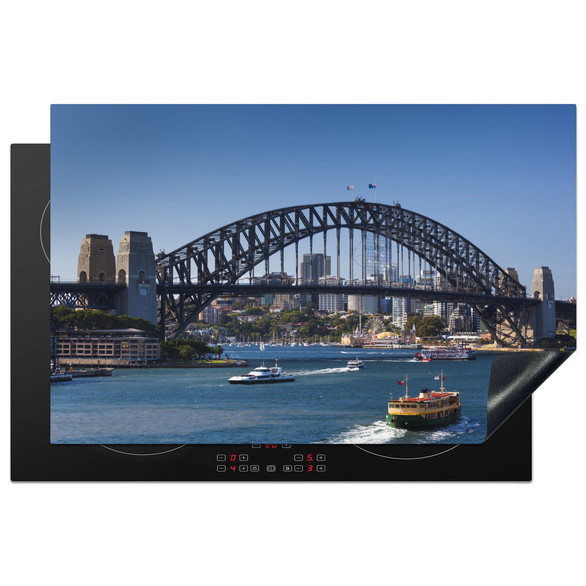 MuchoWow Herdblende-/Abdeckplatte Boote unter der Sydney Harbour Bridge in Australien, Vinyl, (1 tlg), 81x52 cm, Induktionskochfeld Schutz für die küche, Ceranfeldabdeckung | Herdabdeckplatten