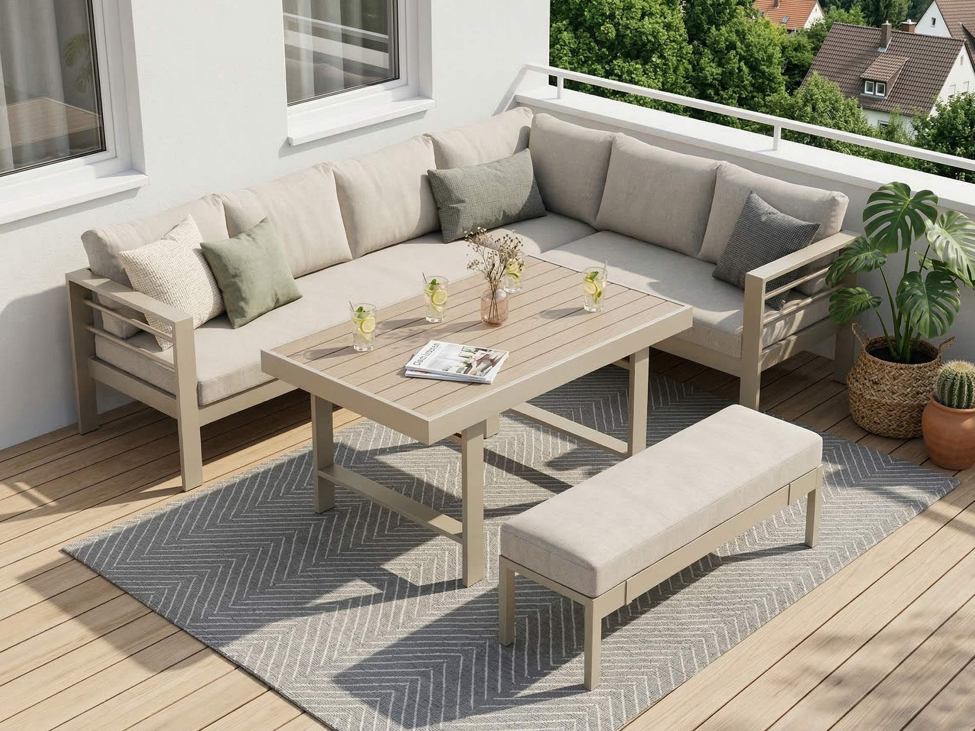 MeXo Gartenlounge-Set XXL Gartenmöbel Set Aluminium für 6-8 Personen, (Dining Loungeset Outdoor, 5-tlg., mit 12 cm dicken Sitzkissen, pflegeleichte Polywood-Tischplatte), wetterfeste Ecklounge mit Esstisch