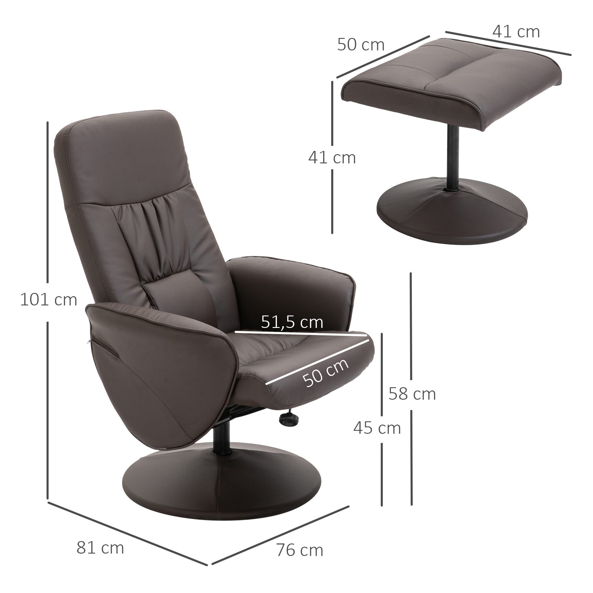 HOMCOM Relaxsessel Fernsehsessel mit Liegefunktion, TV Sessel, Kunstleder (höhenverstellbar, 2-St., neigbare Rückenlehne), Braun