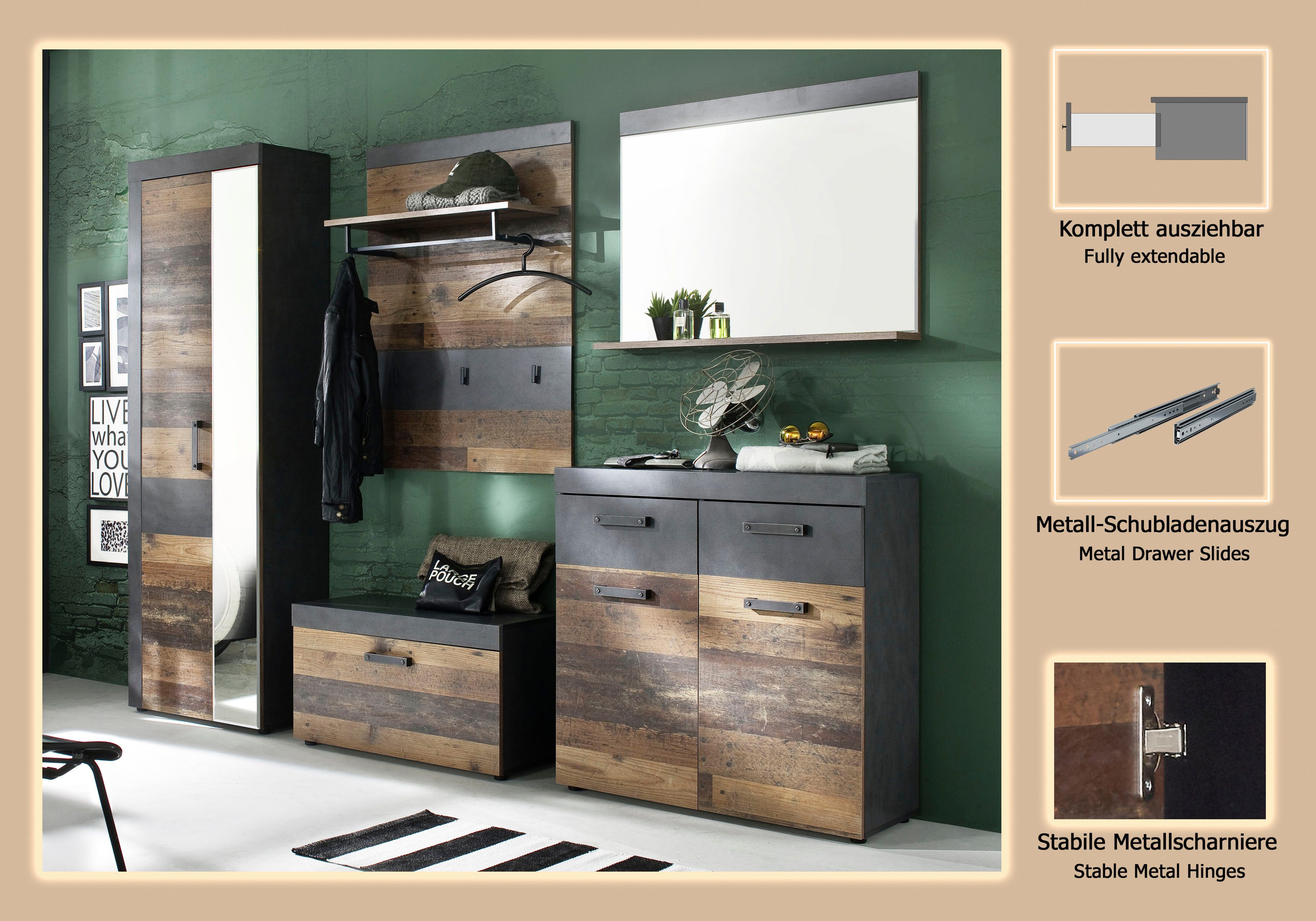 INOSIGN Garderoben-Set Ilana, (Set, 5-St), Garderobenmöbel im modernen Industrial Style mit antikfarbenen Griffen