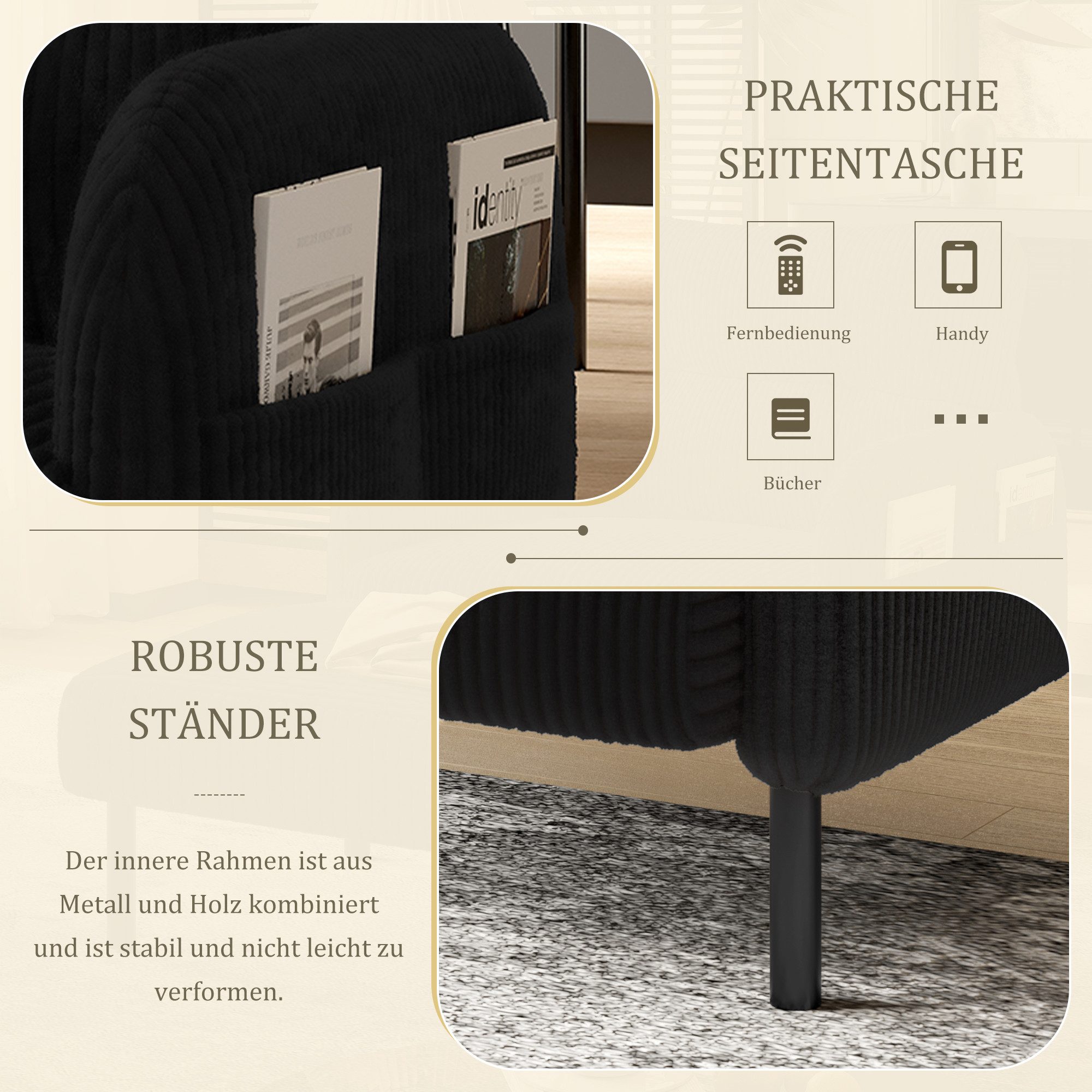 BlingBin Sessel Relaxsessel Polsterstuhl Loungesessel (1-St., Cordstoff, Armlehnen mit Seitentaschen auf beiden Seiten), für Wohnzimmer, Schlafzimmer, Arbeitszi – Bild 3 von 5