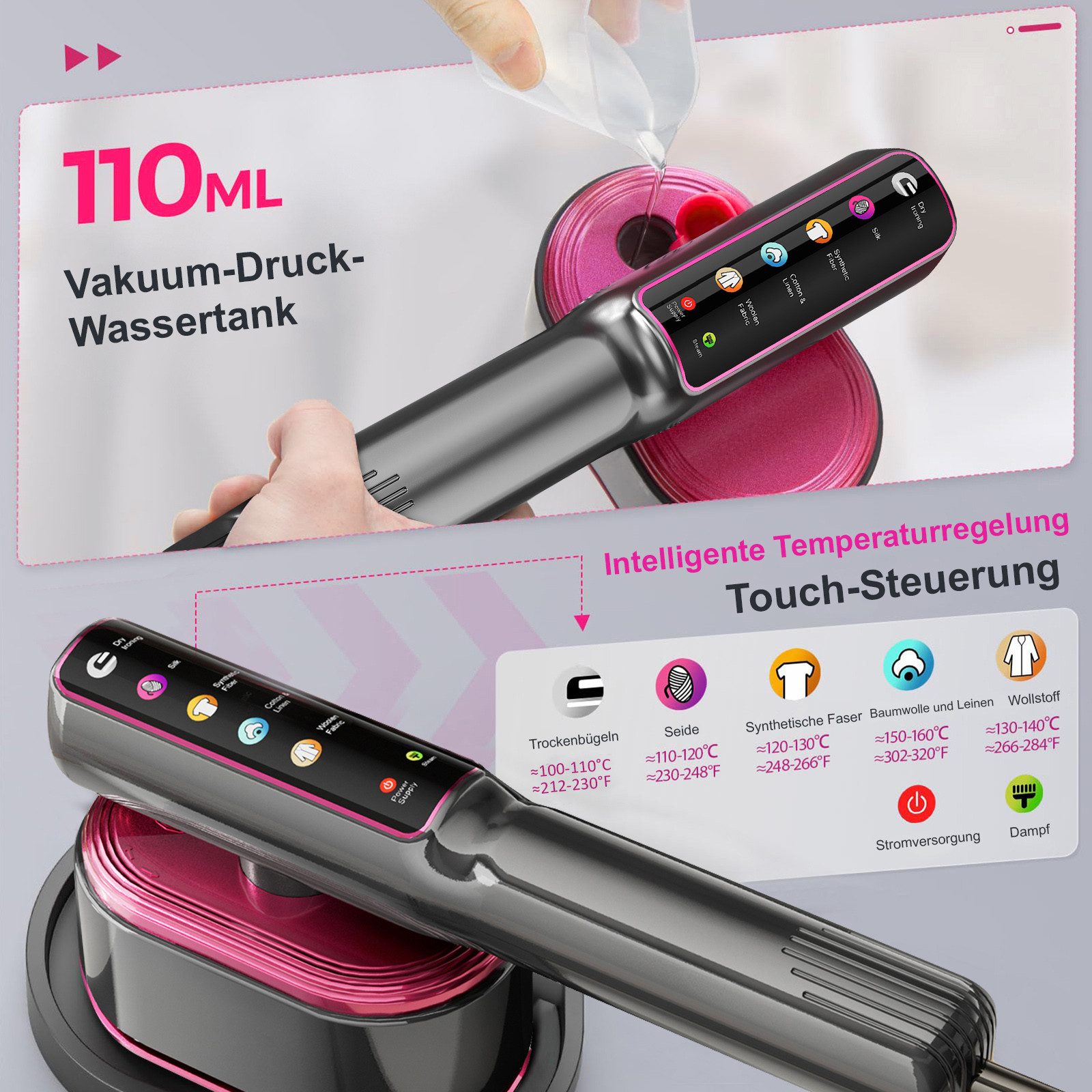 AOMIAO Dampfbügeleisen für Kleidung, Dampfglätter 110ml Wassertank, Aufheizung in 20 Sekunden, 1200 W, Reisebügeleisen, 4 Stoffmodi, LCD-Display, Trocken- & Dam – Bild 4 von 5