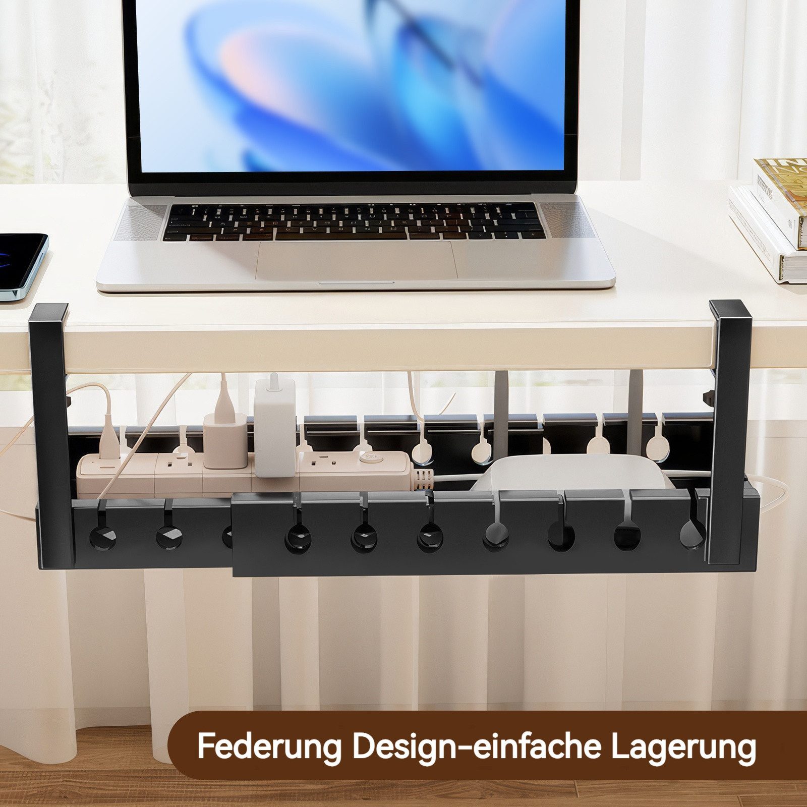 BlingBin Kabelkanal Kabel-Management-Tablett unter dem Schreibtisch, ohne Bohren (1 Stück, 1-St., 43-74 x 19 x 14 cm), Kabelkorb zum Verwalten von Kabeln und Steckdosenleisten