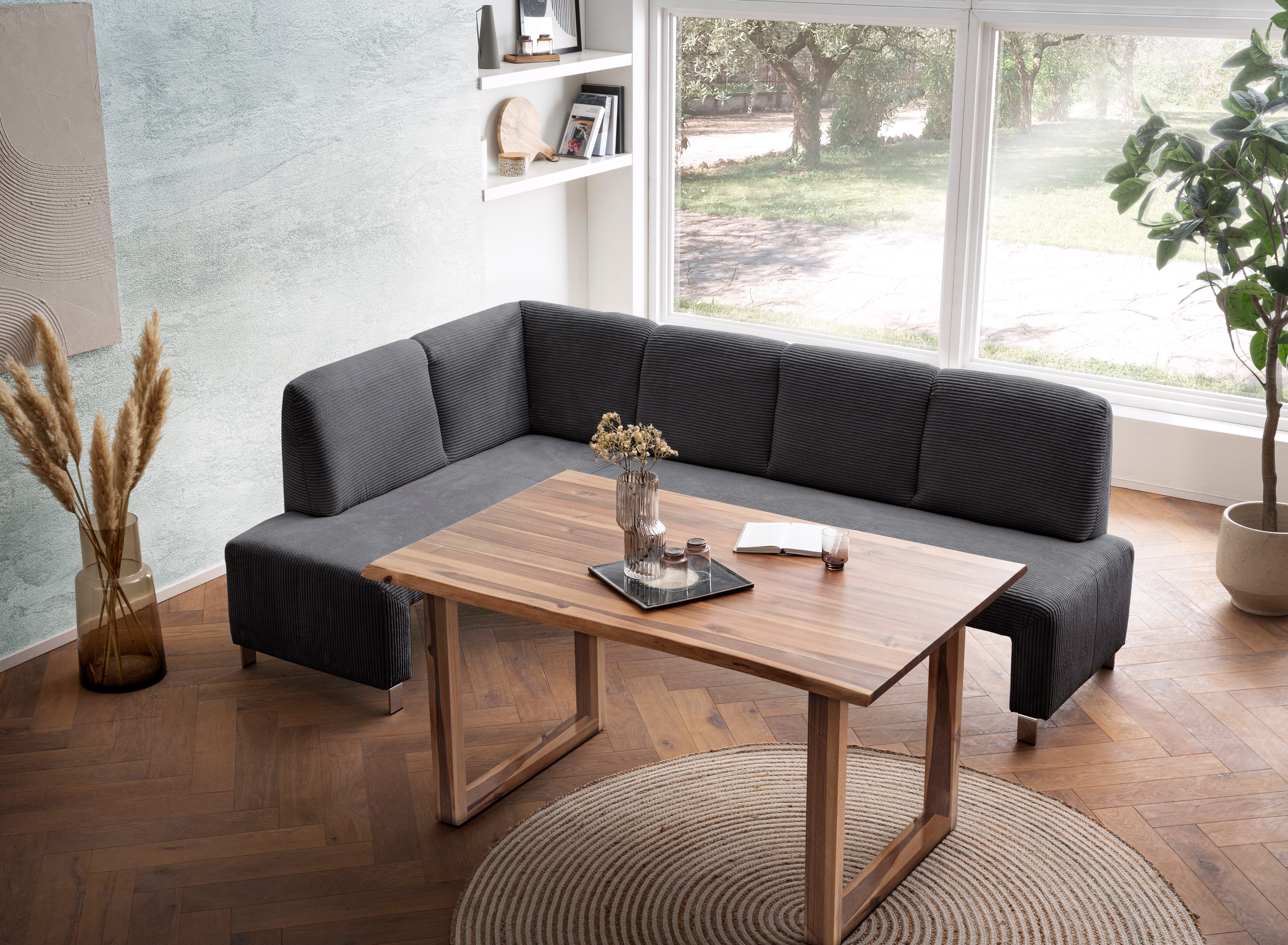 exxpo - sofa fashion Eckbank Intenso, viele Bezugsstoffe Cord, Struktur 243/158 cm (B/T), hohe Bodenfreiheit, frei im Raum stellbar, hoher Sitzkomfort