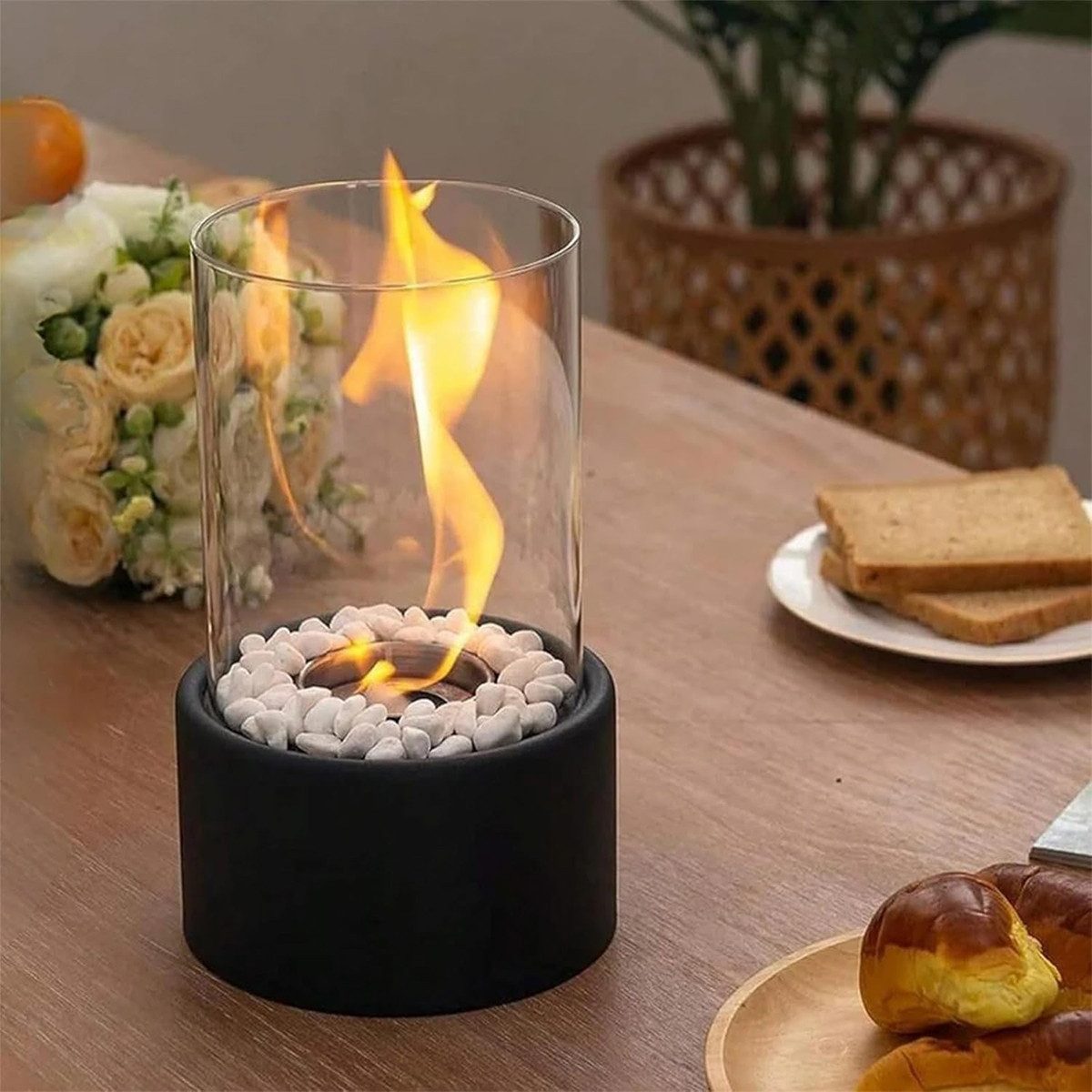Tabletop Tischfeuer Tischfeuer Tischkamin Bioethanol Kamin mit Glas Dekosteinen Schwarz (Tischfeuer Set mit 2 Brennkammern Flammenringen Zange und Handschuhen,  – Bild 4 von 5