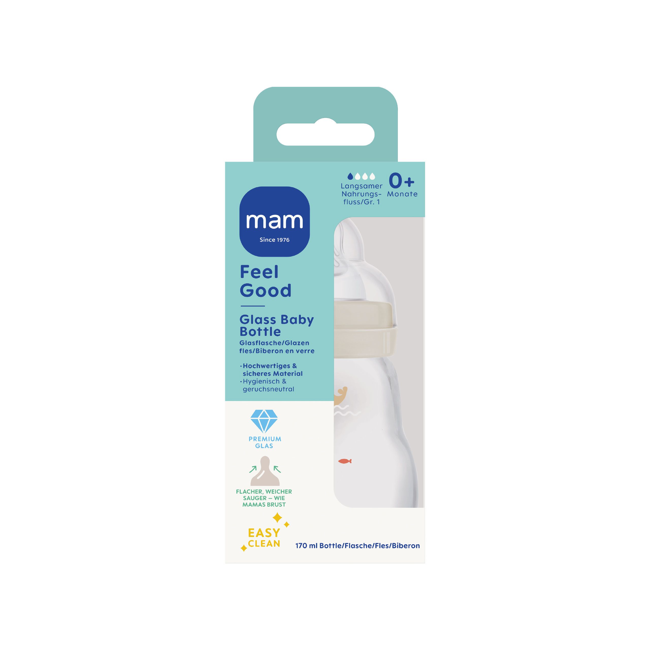 MAM Babyflasche Glasflasche Feel Good Matt, mit Skin Soft Anti-Kolik Silikon Weithals Trinksauger