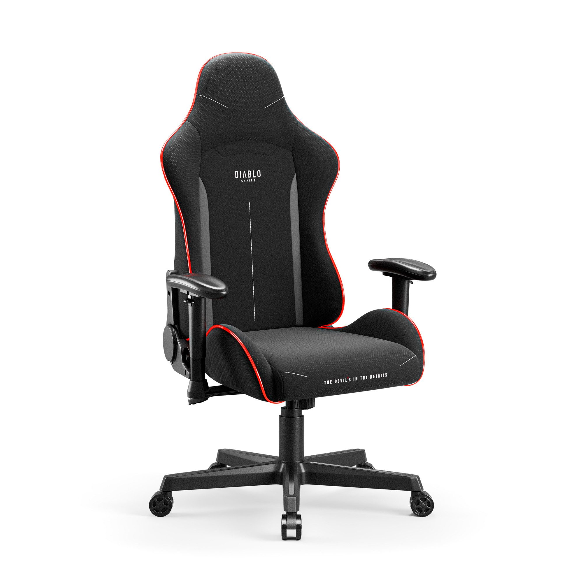 DIABLO CHAIRS Gaming-Stuhl X-Starter Stoff ergonomisch TiltTech Armlehnen Kopfstütze (TiltTech Butterfly, SoftTouch Stoff, 2D-Armlehnen, Gummiräder bodenschonend), Lendenkissen SoftTouch Wippfunktion Metallbasis 136kg