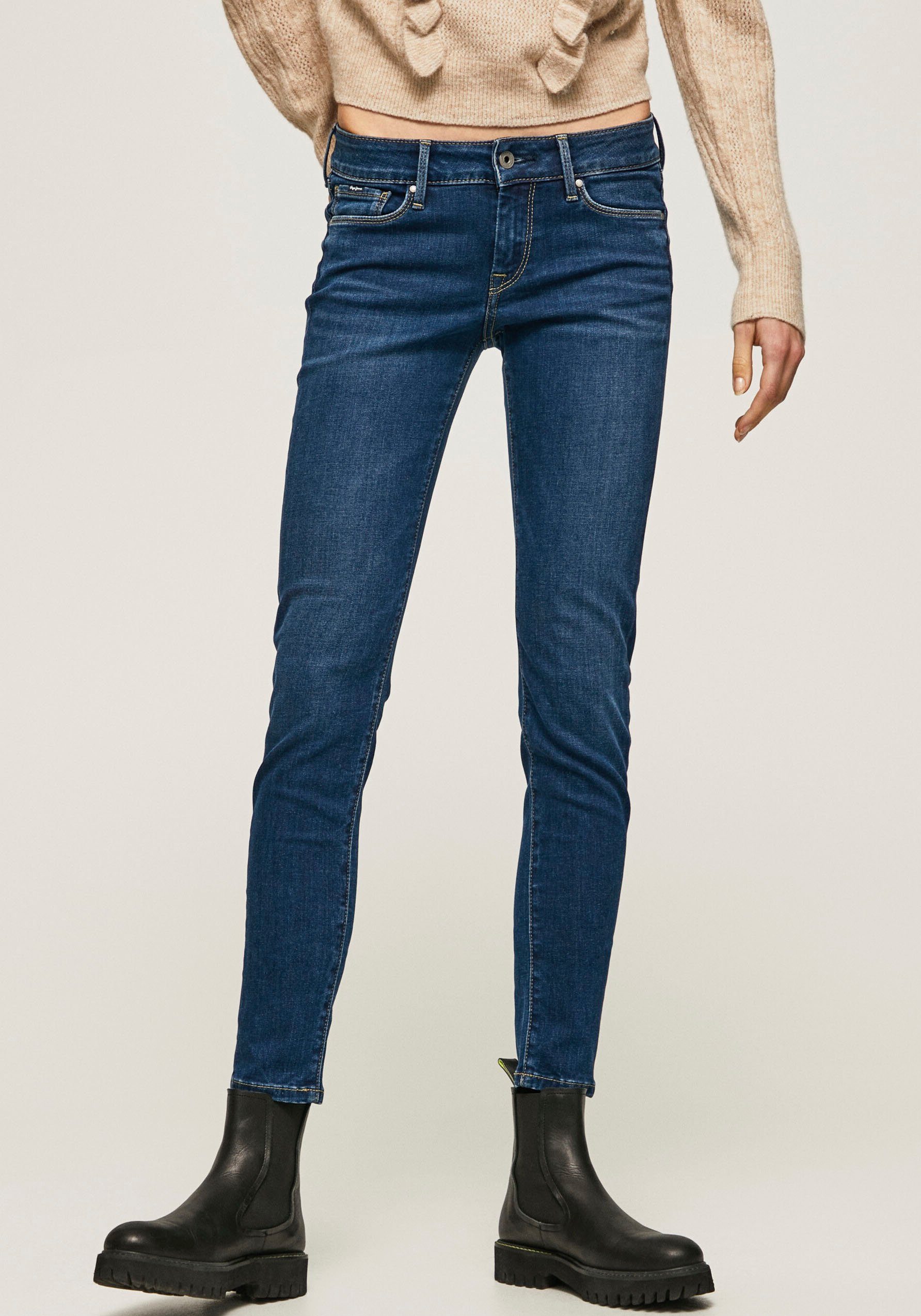 worn Jeans mit used 5-Pocket-Stil 1-Knopf Stretch-Anteil und dark Bund Pepe im SOHO Skinny-fit-Jeans