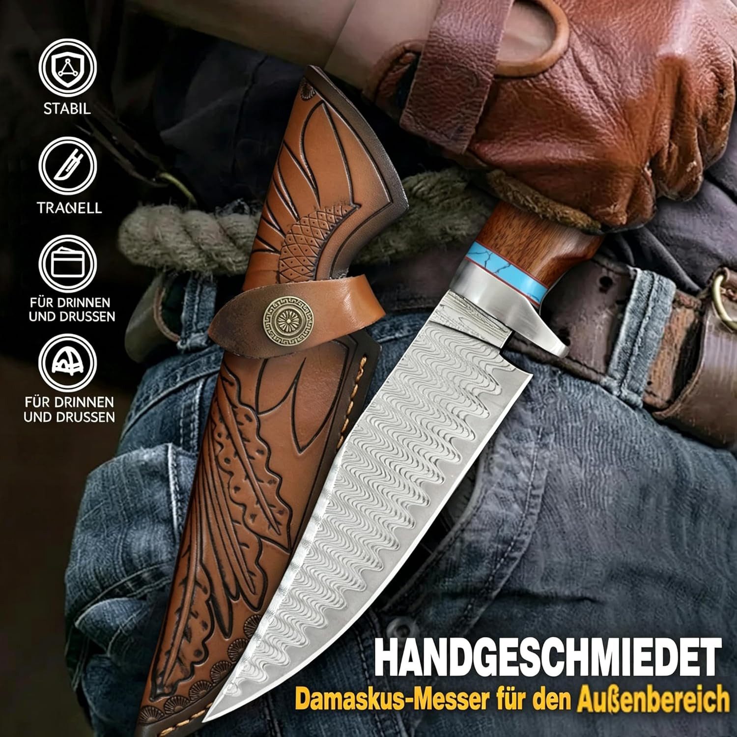 KingLux Damastmesser Damaststahl Feststehend Jagdmesser Outdoormesser Mit Lederscheide