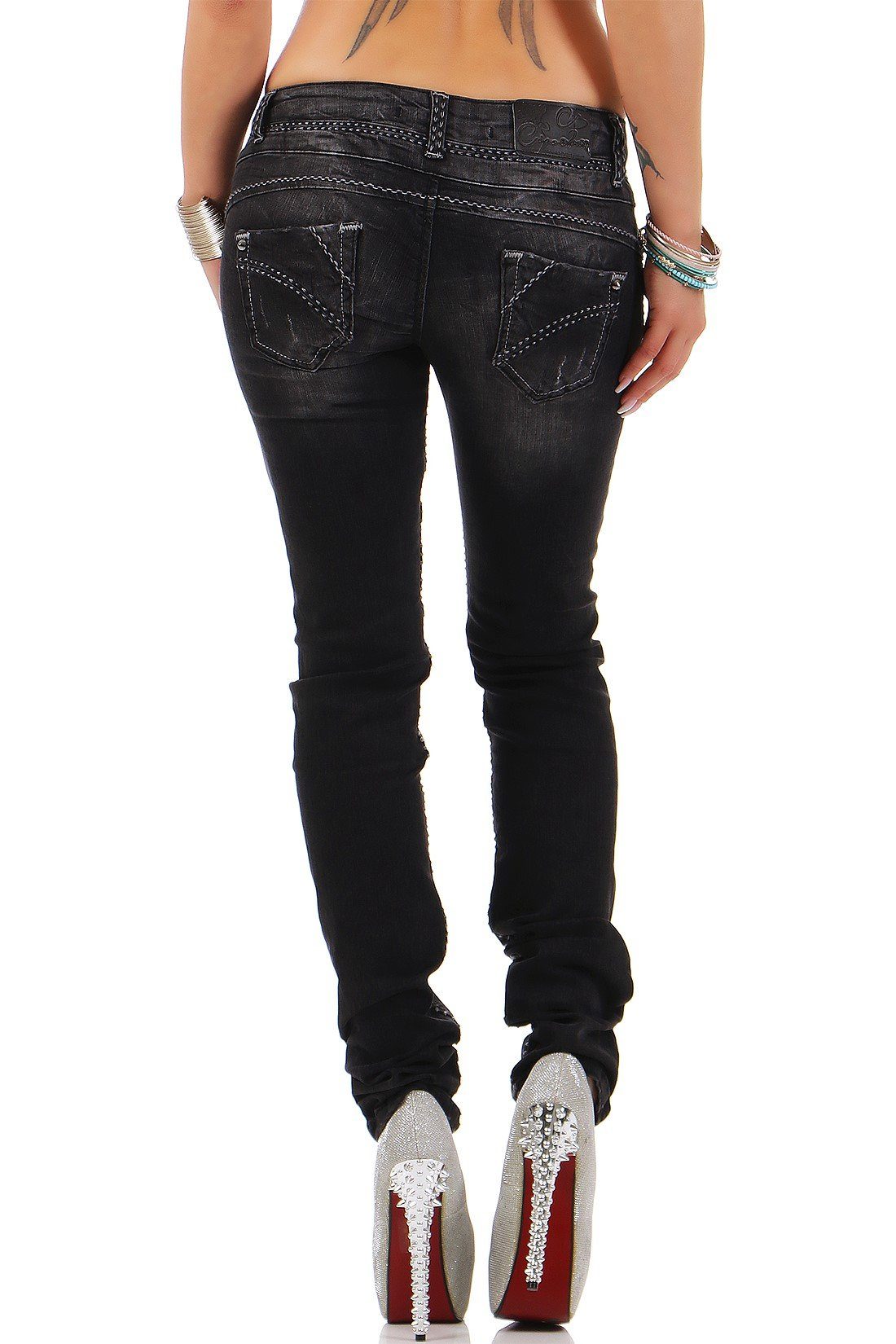 Cipo & Baxx Slim-fit-Jeans Damen Slim Fit Hose Stonewashed BA-CBW0655 mit Dicken Nähten und Destroyed-Effekten