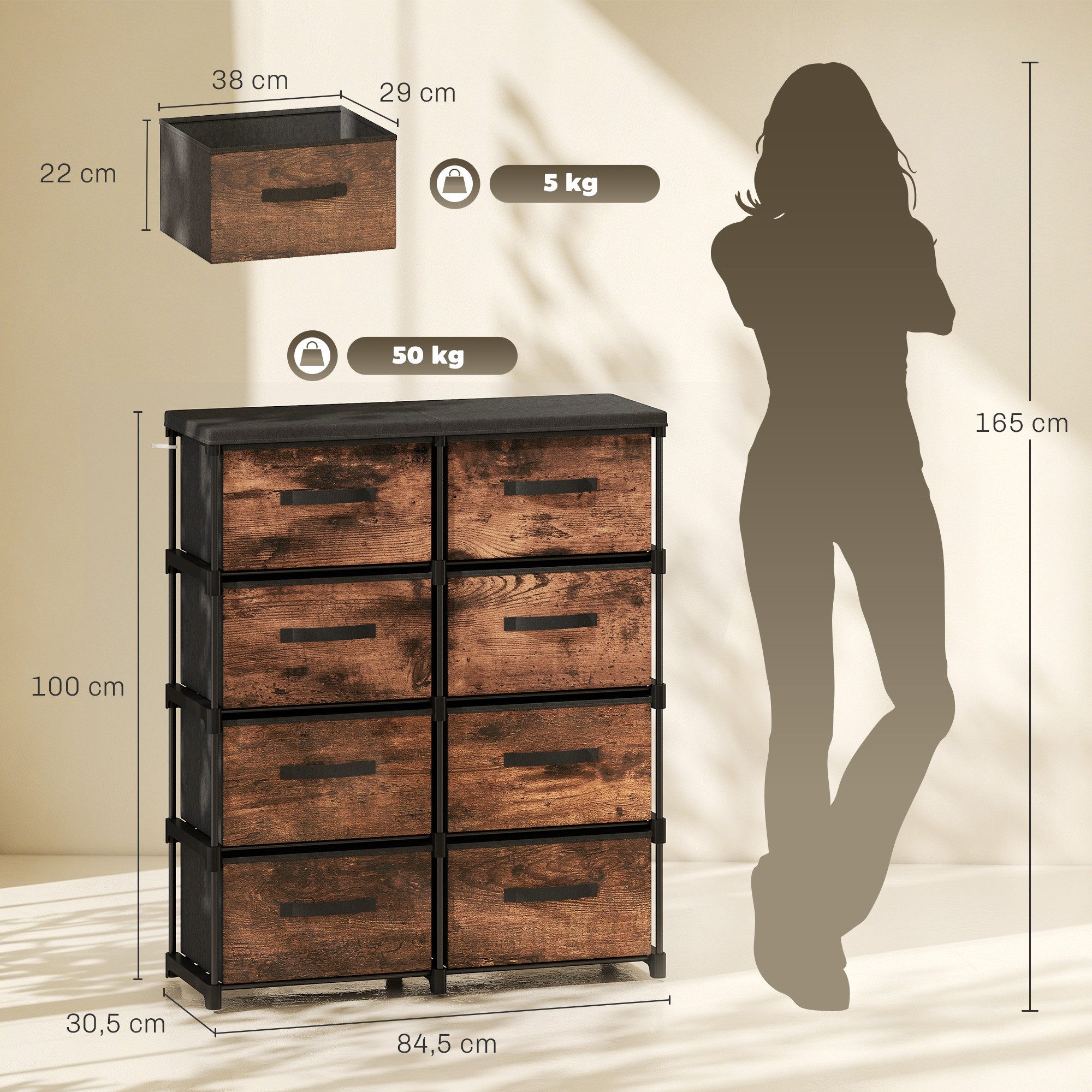 HOMCOM Kommode Schrank Aufbewahrungsschrank mit 8 Schubladen (Set, 1 St., 1), 8 breite Schubladen, Metallrahmen, Kippschutz – Bild 3 von 5
