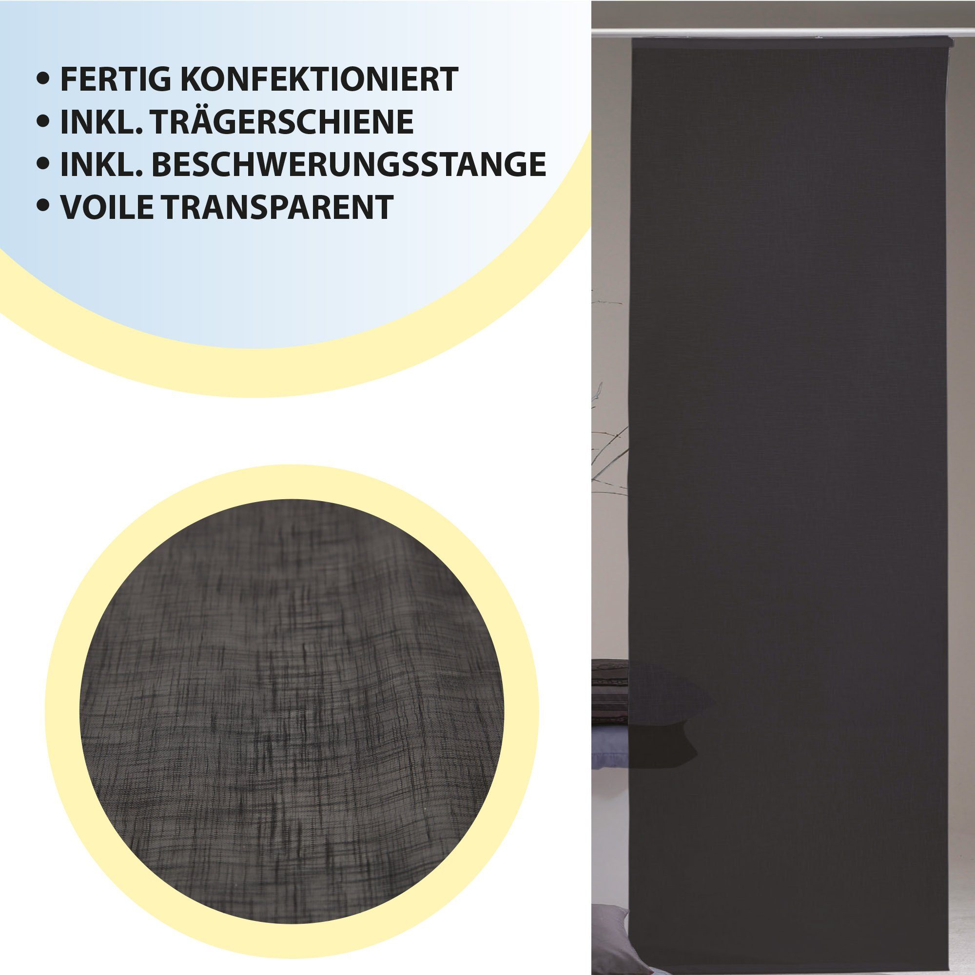 Arsvita Schiebegardine Desiré (1 St), Klettband, transparent, Flächenvorhang 60 x 245 cm (B x H), inkl. Beschwerungsstange