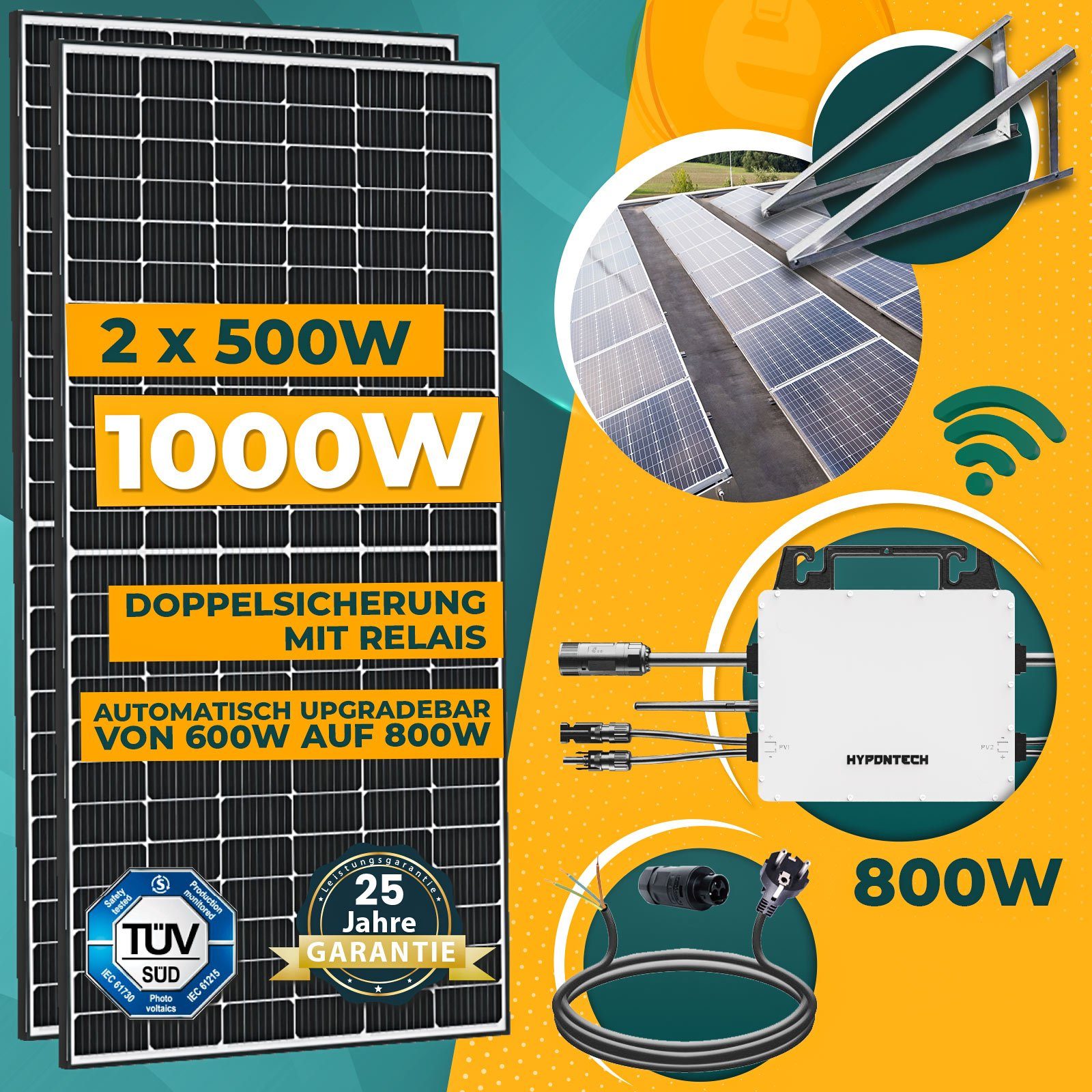 Schuko PV-Montage 800W Süd Balkonkraftwerk Hypontech Solaranlage Solarmodule, 500W Upgradefähiger WIFI 5M Stecker und Basis Wechselrichter, Komplettset Aufständerung inkl. 1000W enprovesolar