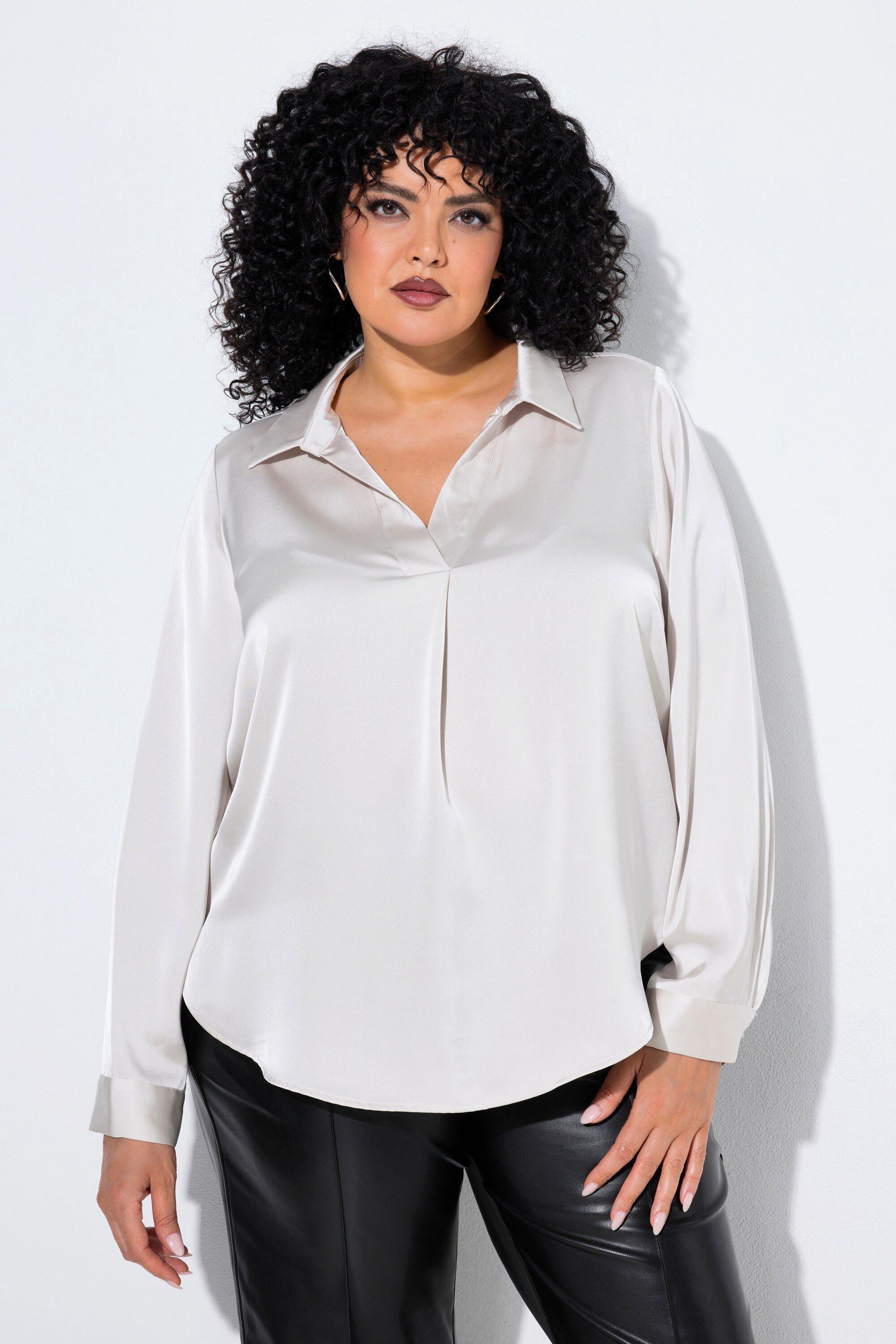 Satinbluse Satinbluse Zierfalte A-Linie Hemdkragen Langarm