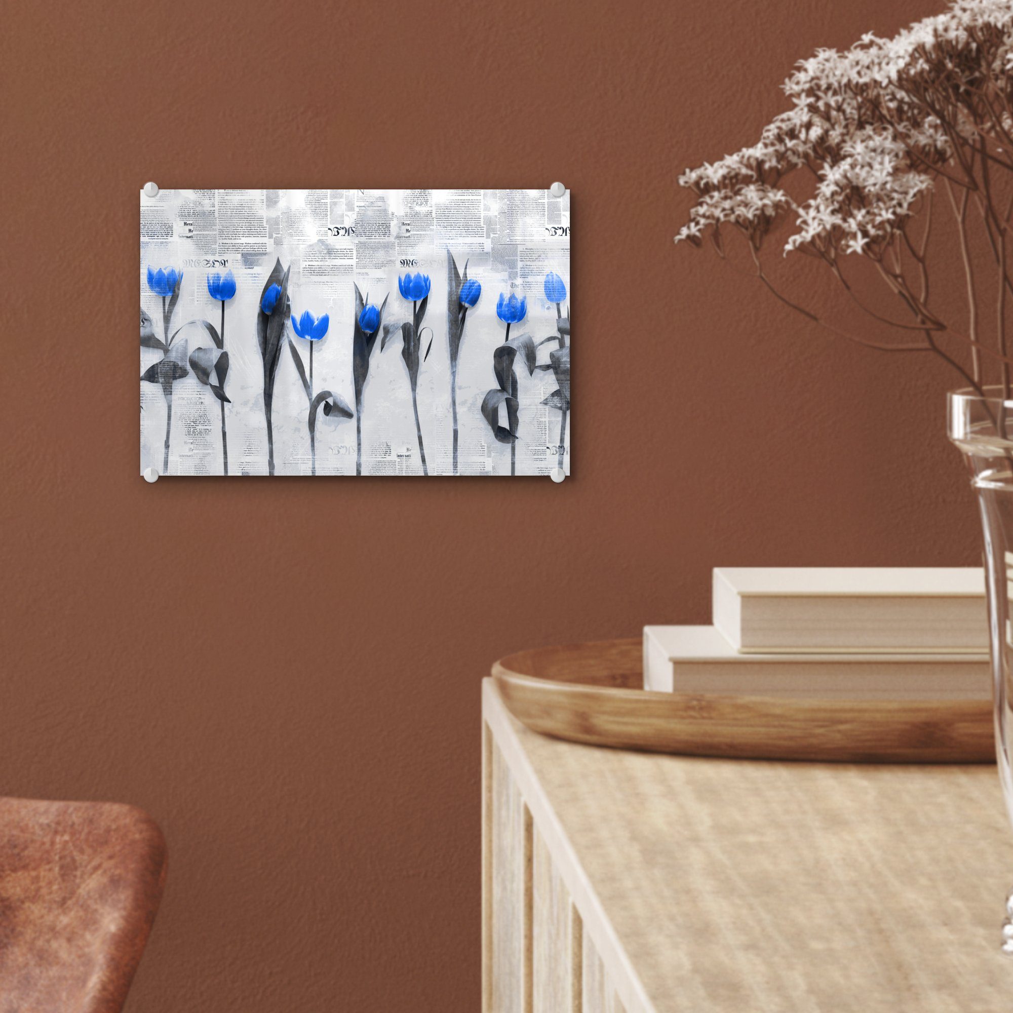 MuchoWow Acrylglasbild - auf (1 - St), Wanddekoration auf - Bilder - Glas Blau, Tulpen - Foto Wandbild Glas Glasbilder Blumen