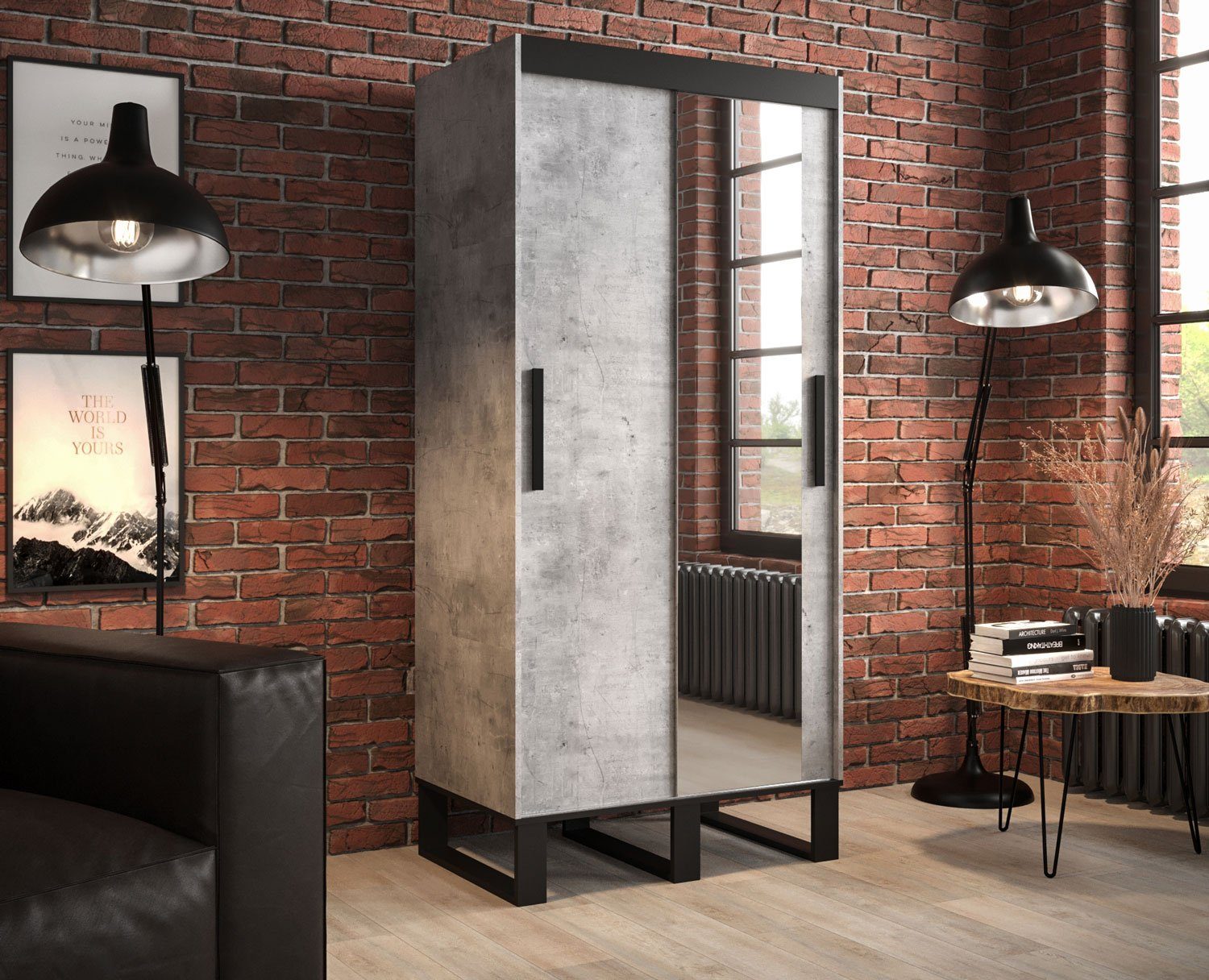 Feldmann-Wohnen Schiebetürenschrank Loft (Loft) Breite wählbar beton / schwarz mit Spiegel und Schubladen
