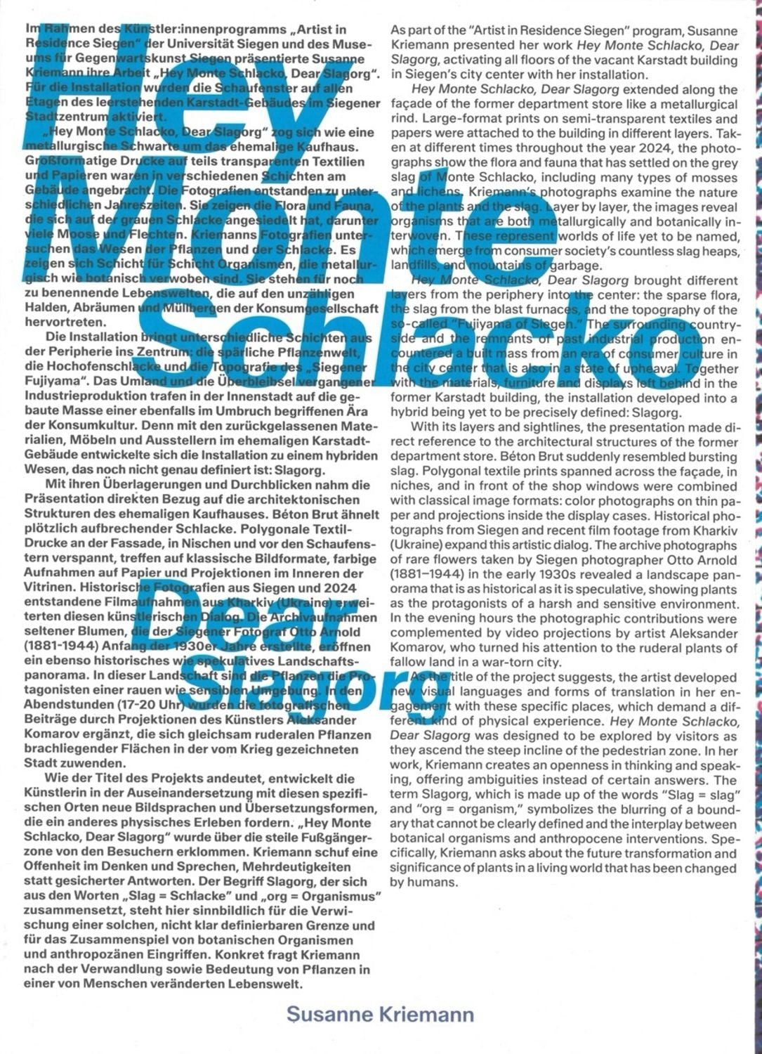 Susanne Kriemann: Hey Monte Schlacko / Dear Slagorg / Michael Schessl, Eva Schmidt, Thomas Thiel