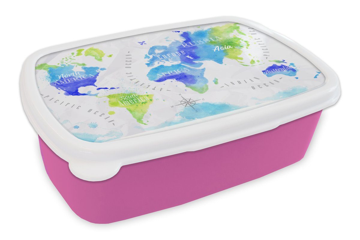 rosa - Mädchen, Blau, - Kunststoff, Brotbox Erwachsene, Weltkarte (2-tlg), für MuchoWow Grün Snackbox, Aquarell - Kunststoff Kinder, Brotdose Lunchbox