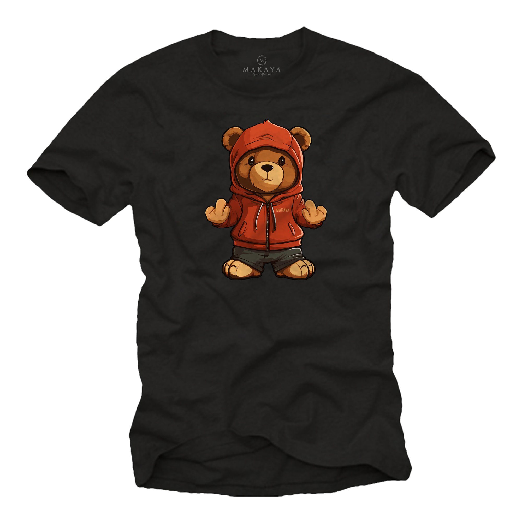 MAKAYA T-Shirt mit Teddy Herren Teddybär Jungs Jungen Jugendliche Teenager Print, Aufruck Schwarz