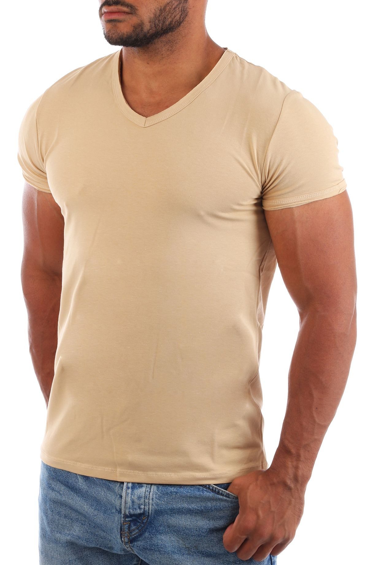 CARISMA T-Shirt Herren Uni Basic 4066 tief-breit geschnittener Ausschnitt vintage Look V-Ausschnitt unifarben kurzarm slim fit