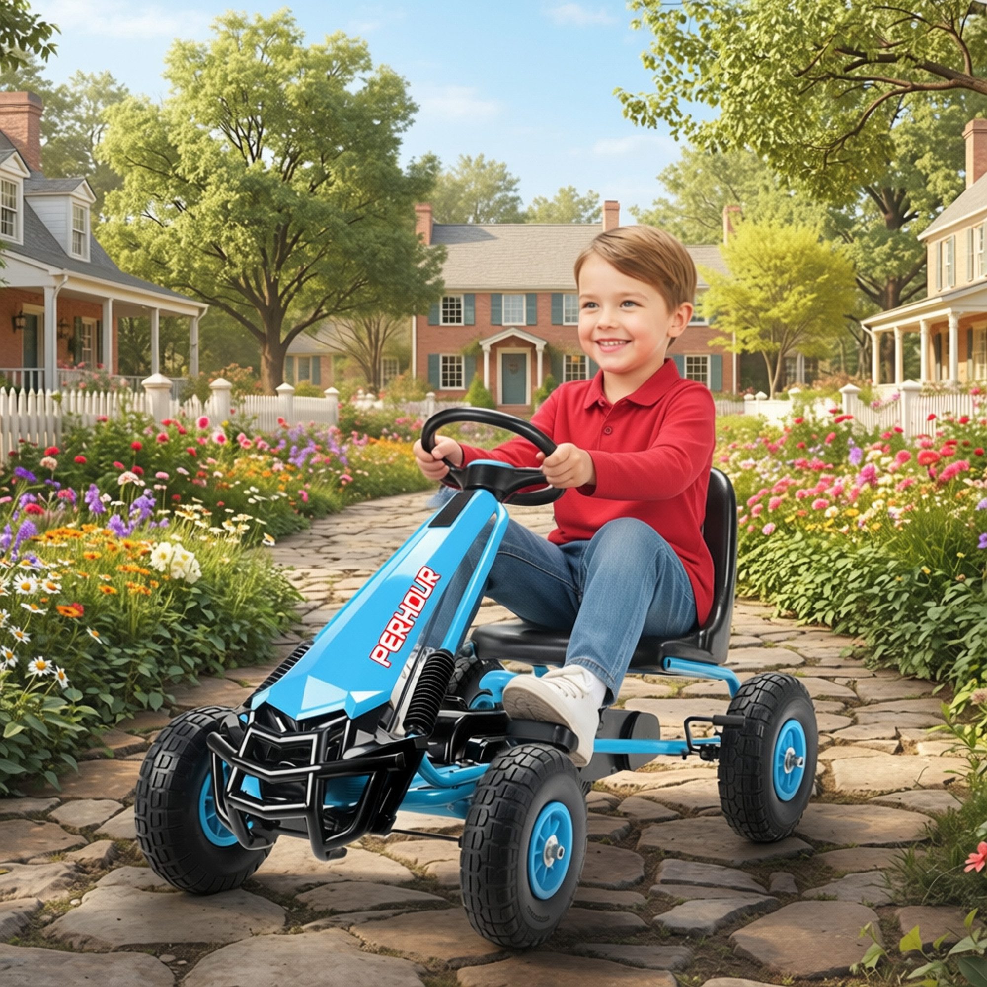 AIYAPLAY Go-Kart Tretauto mit Handbremse, verstellbarem Sitz, Pedalantrieb, für Kinder 3-8 Jahren, Blau