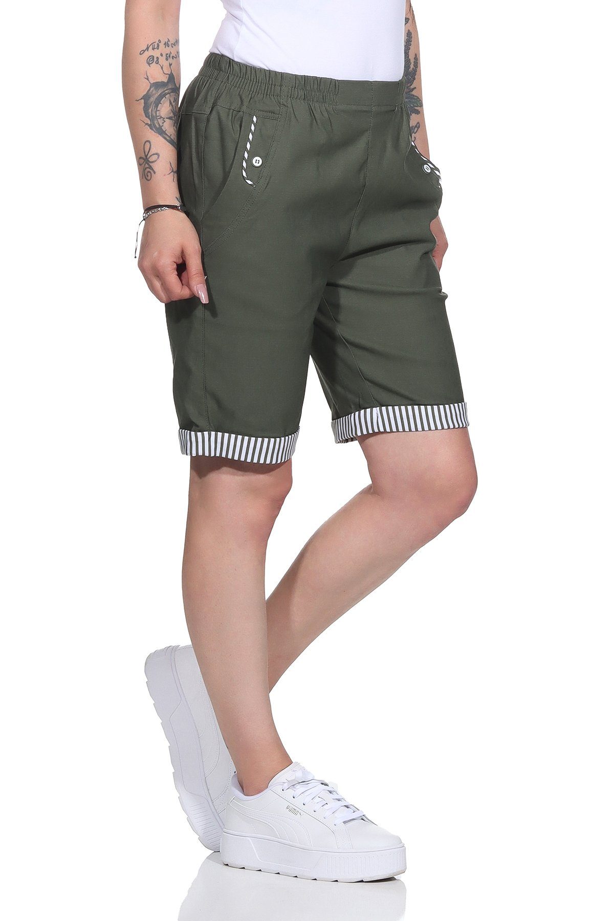 Aurela Damenmode Shorts Bermuda Maritime Damen Sommer Shorts Strandbermuda auch in großen Größen erhältlich, mit elastischem Bund, mit maritimen Details Khaki