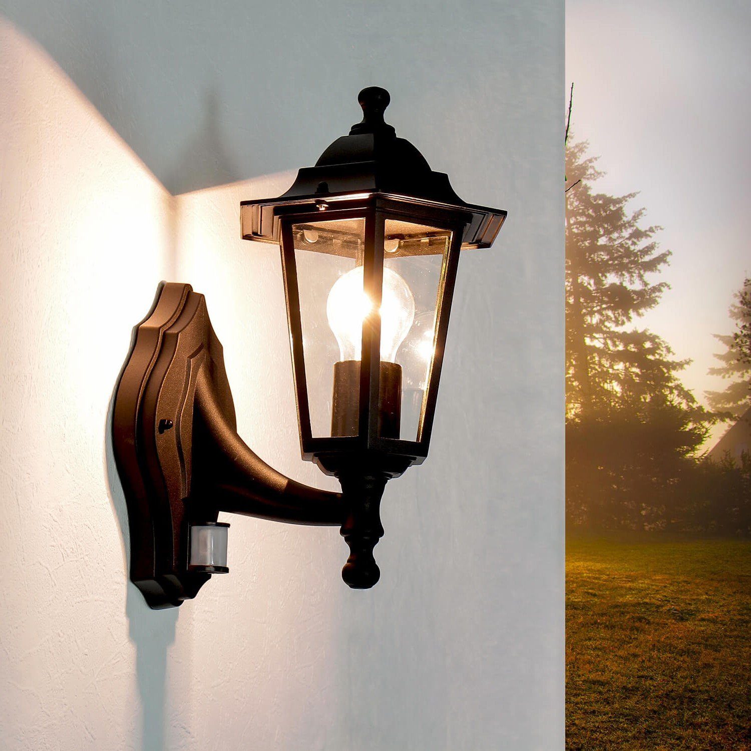 Licht-Erlebnisse Außen-Wandleuchte PARIS, ohne Leuchtmittel, Wandlampe mit Bewegungsmelder Rustikal Schwarz Balkon Außenleuchte