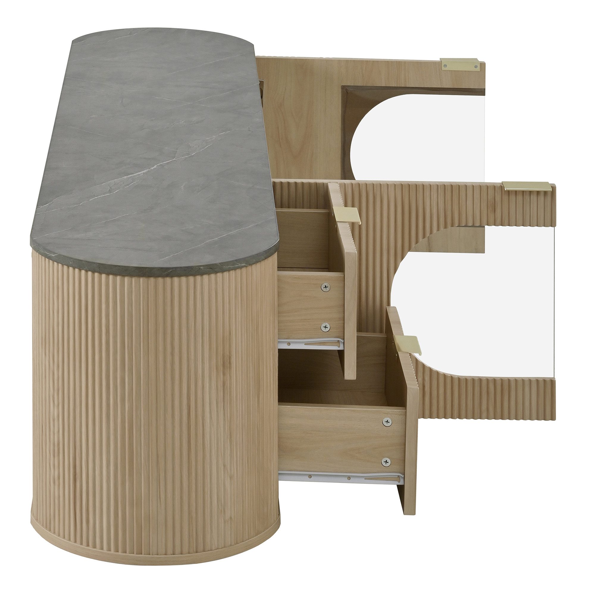 STILVORA TV-Schrank mit Schubladen minimalistischer Lowboard mit Mehrzonen-Stauraum (TV-Ständer mit Schranktüren mit vertikalen 3D-Streifen, mit Ovale Glasvitrine, Großzügige Arbeitsfläche) ideal zur Präsentation von Dekoartikeln, Audiogeräten