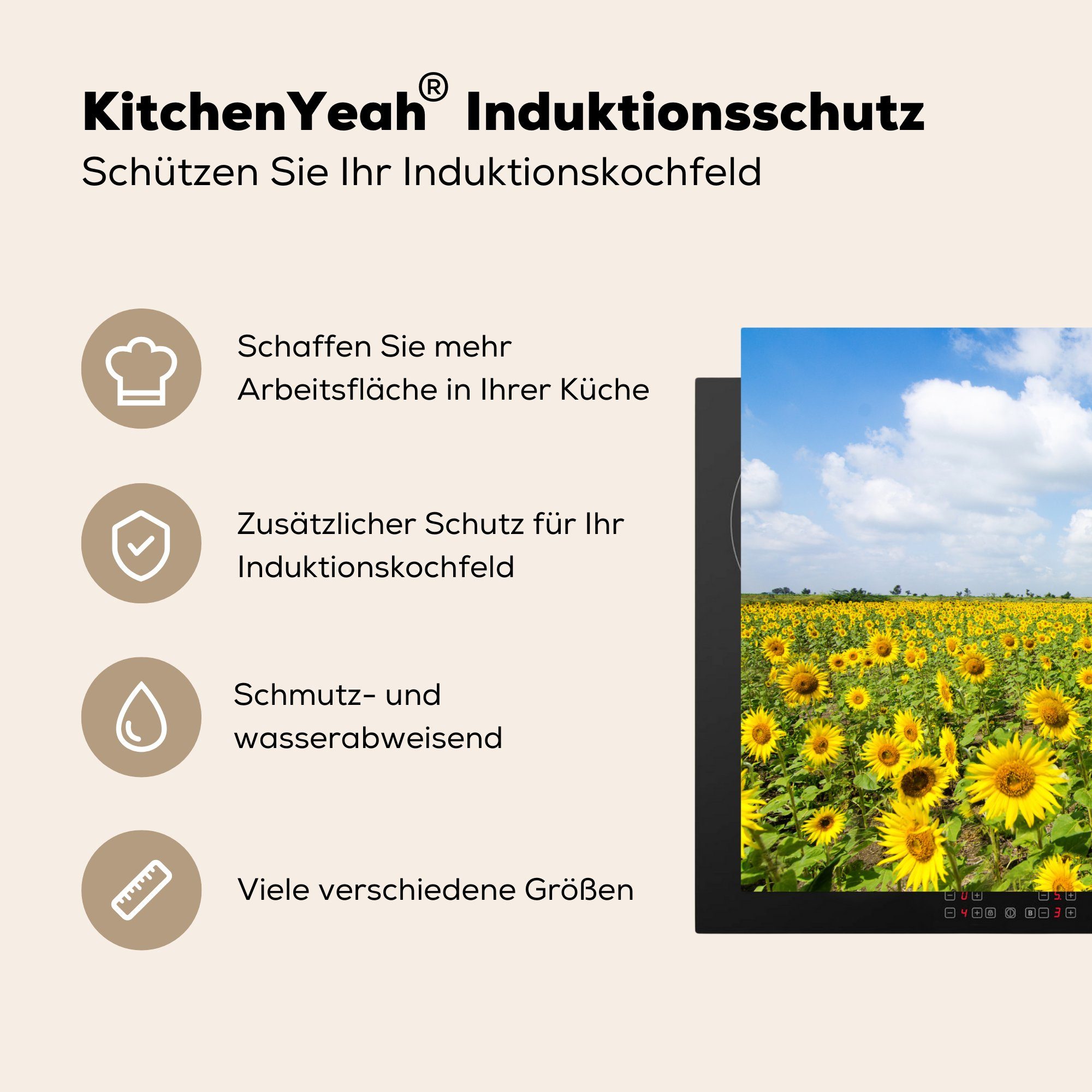 Schutz Vinyl, MuchoWow küche, Herdblende-/Abdeckplatte Ceranfeldabdeckung sonnenblumen-feld-photoprint-na0ochtn-v2, tlg), die für cm, Induktionskochfeld (1 81x52